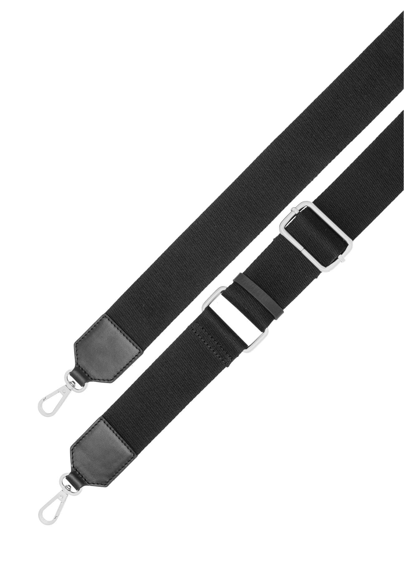 Women's black leather messenger bag TORES-1438-99(Z26). View of the strap on a white background.