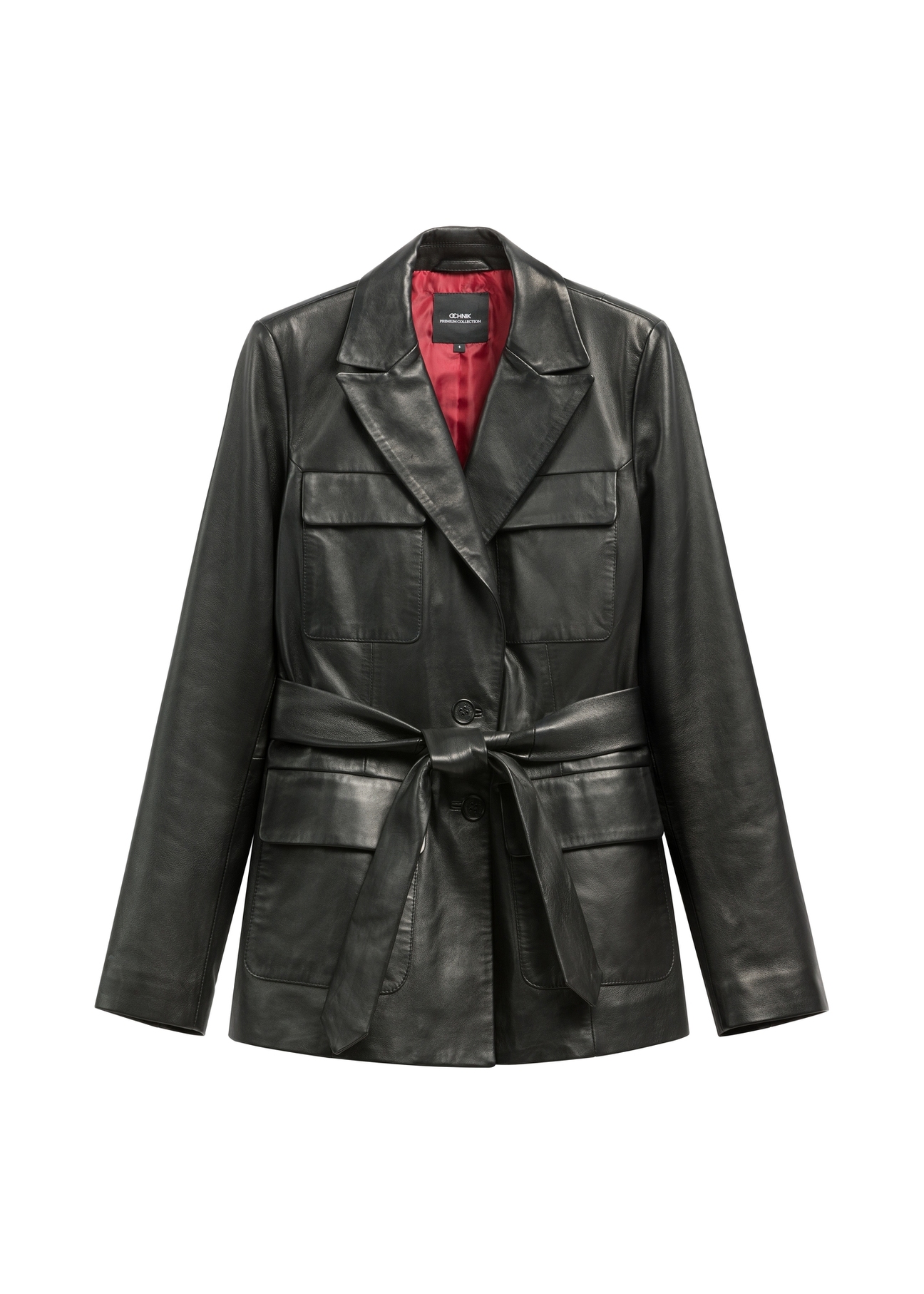 Women's black leather jacket with belt KURDS-0545-99(W26), product view from the front on a white background.