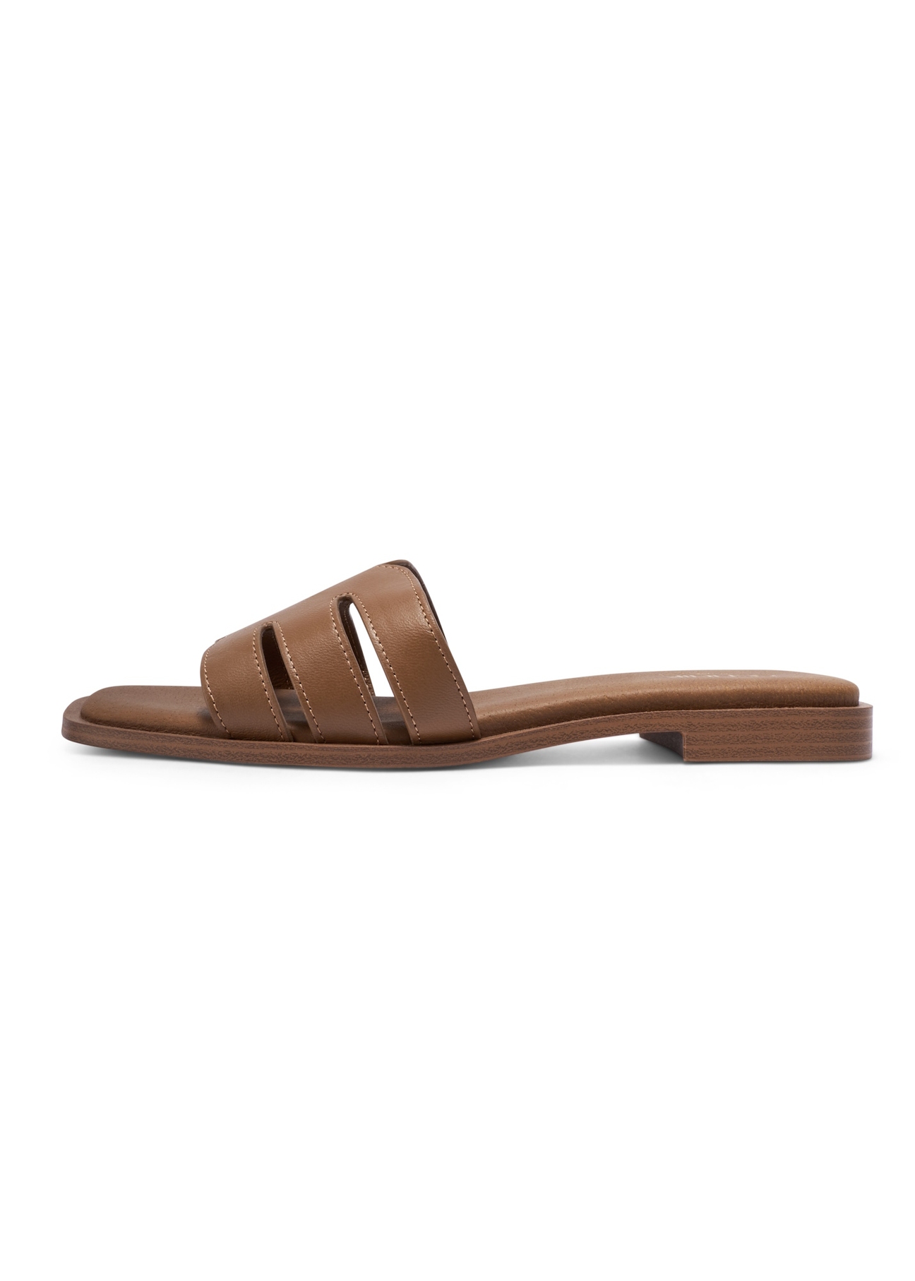 Women's leather camel flip-flops BUTYD-1224-1D(W26), side view of the product on a white background.