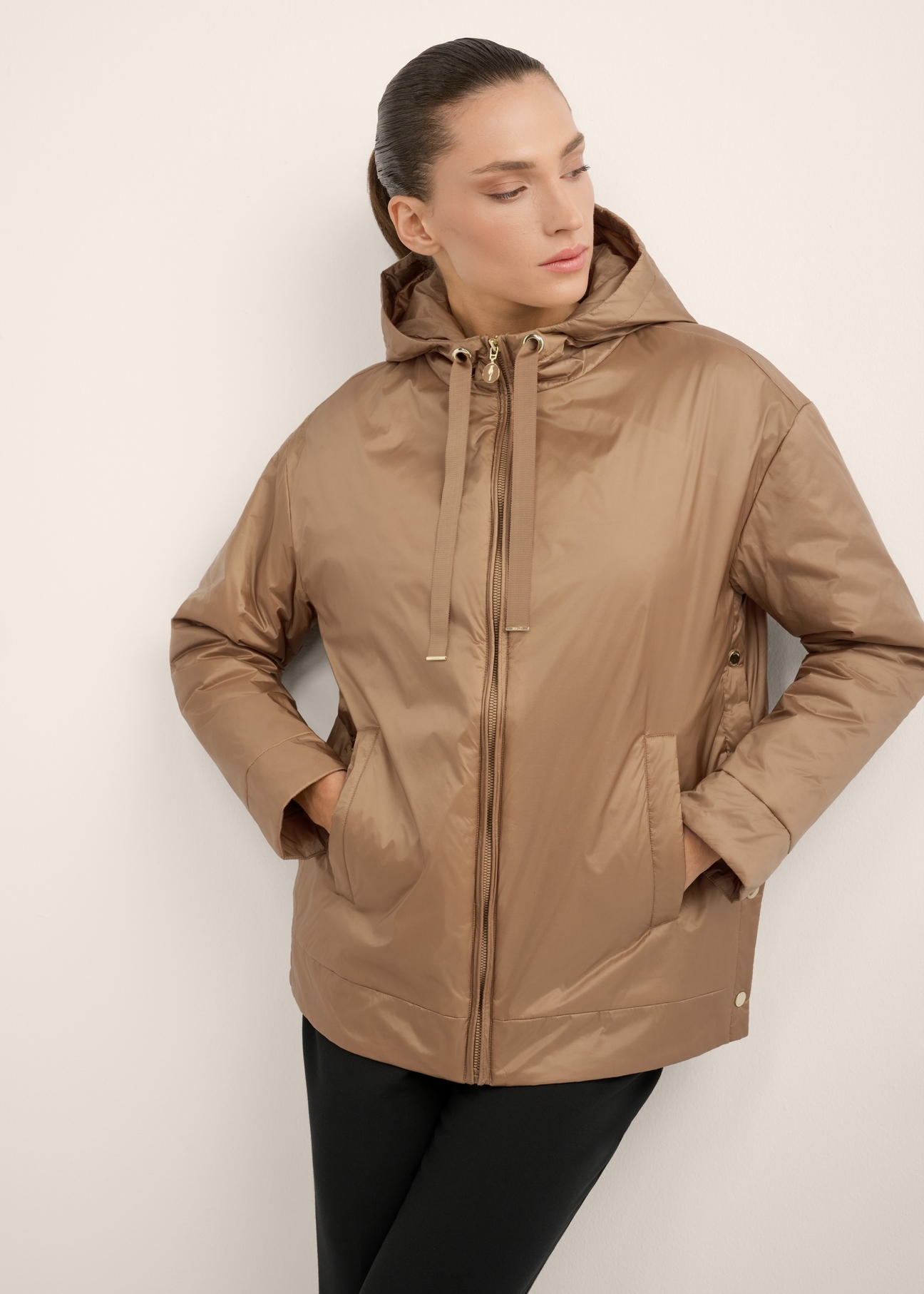 Beige women's plain jacket KURDT-0690-1J(Z26), front view of the product on the model. Half of the silhouette visible.