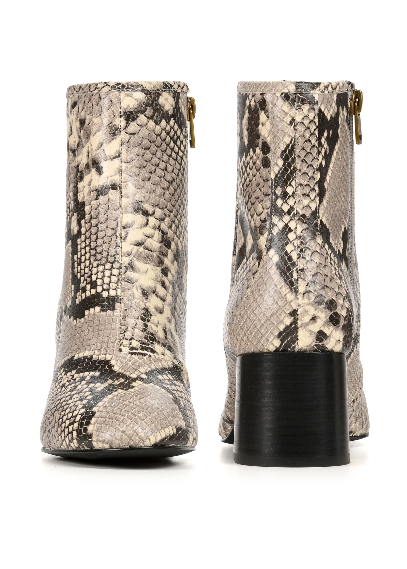Leather high-heeled ankle boots with snakeskin motif BUTYD-1218-86(Z25), front and back view of the product on a white background.