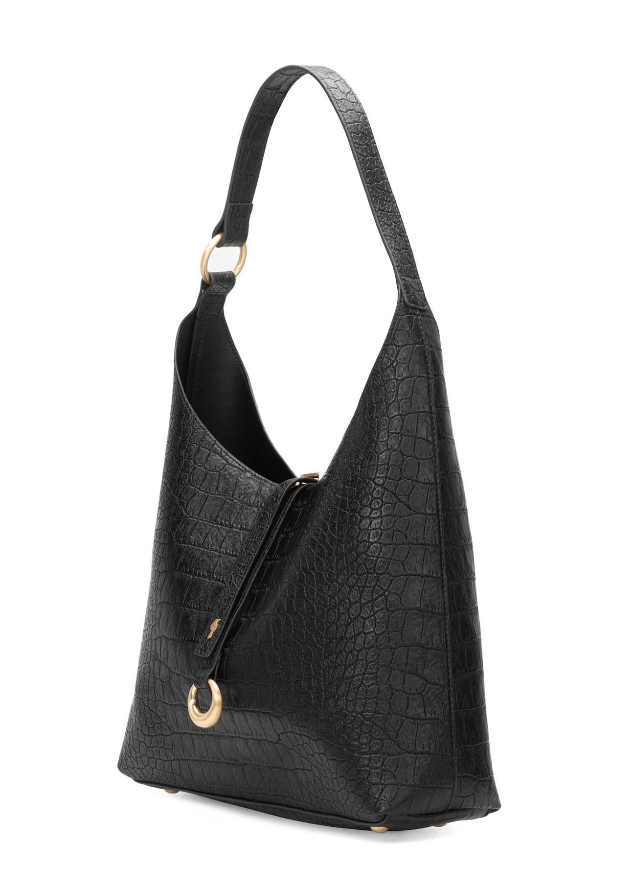 Black women's handbag with croco motif TOREC-1170-9G(W26), diagonal product view on a white background.
