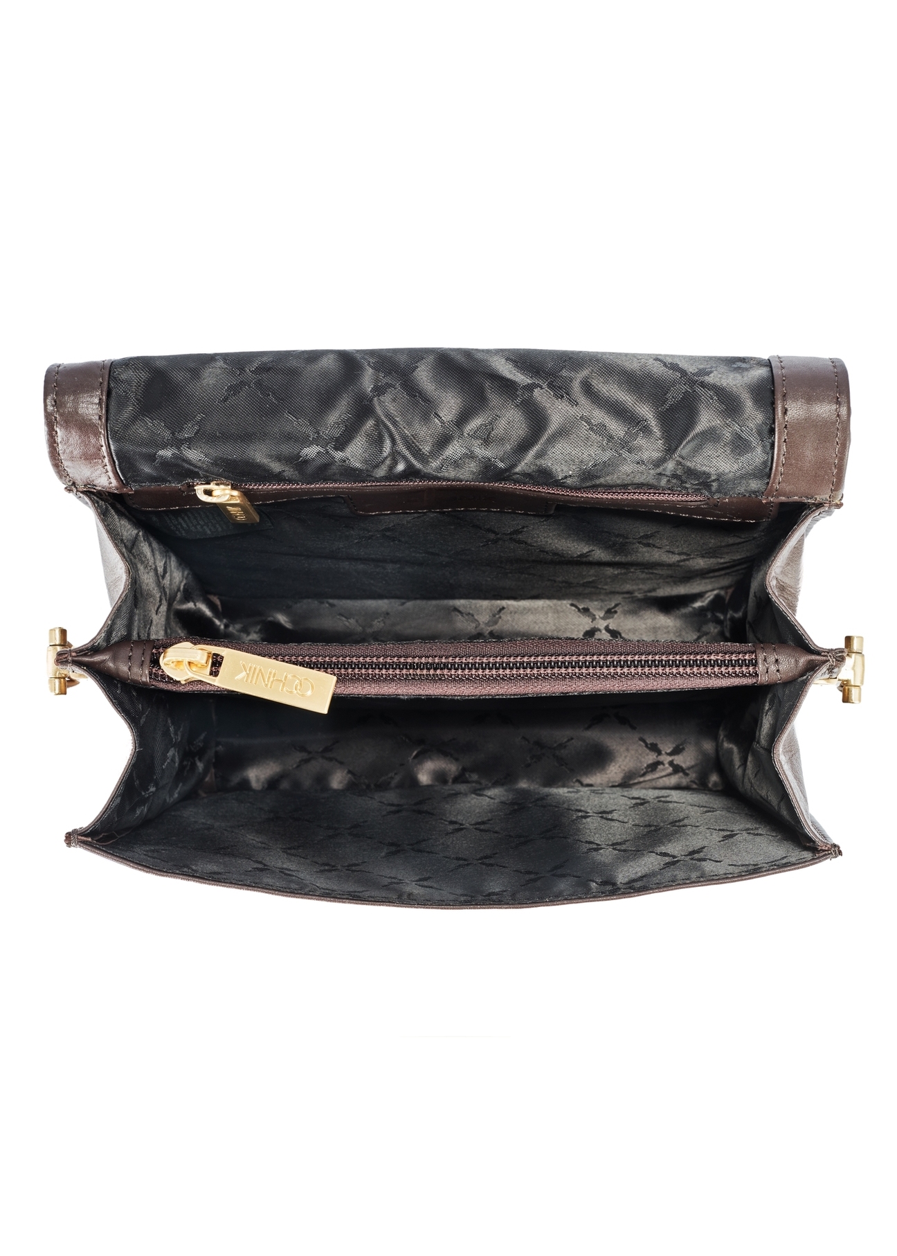 Brown women's leather handbag TORES-1138A-89(Z25), view of the inside of the product on a white background.