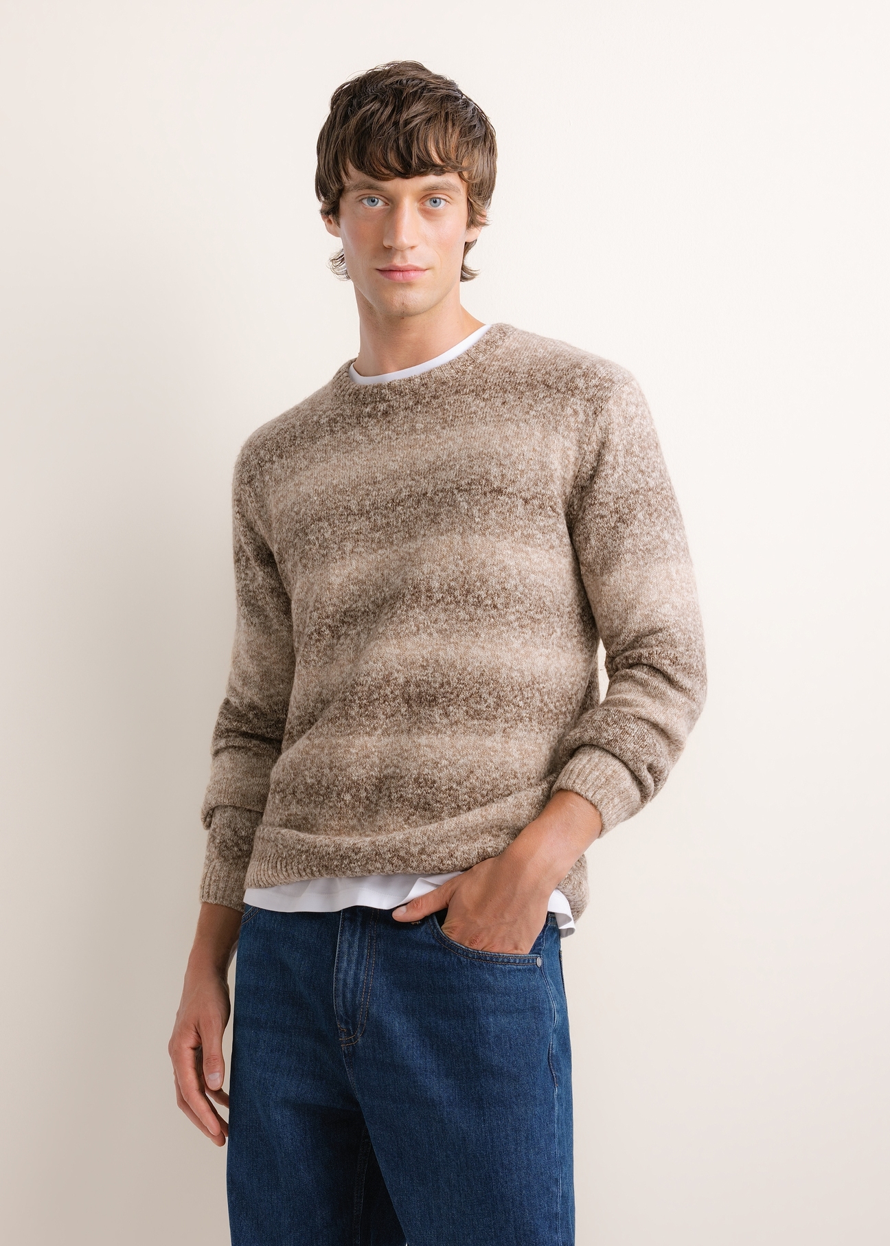 Men's brown striped sweater SWEMT-0219-1I(Z26), front view on a model. Half-body shot.