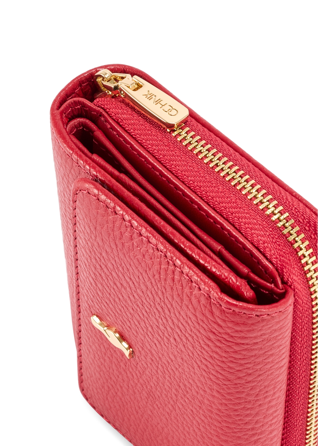 Small red leather women's wallet PORES-0802R-4B(W26), close-up of the product detail on a white background.