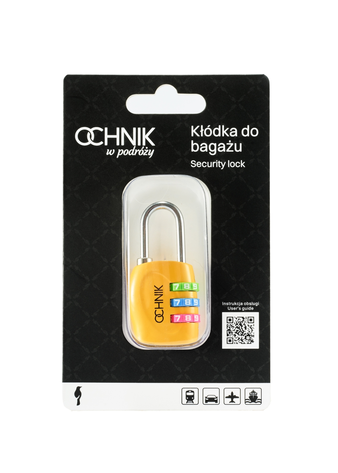 Yellow combination padlock AW-015-0001-21(W25), product front view in packaging on white background.