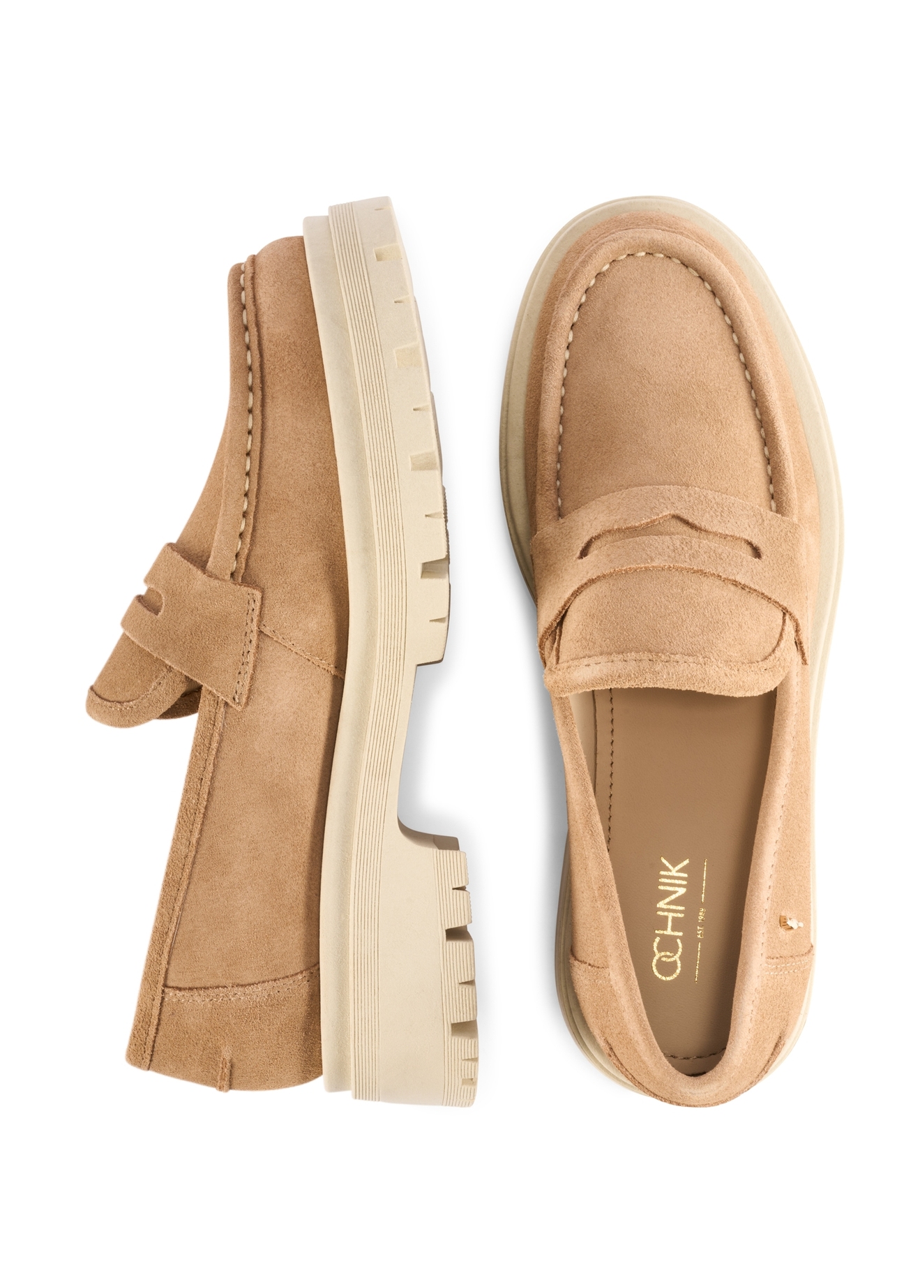 Beige leather platform loafers BUTYD-1069-1B(W26) - product view from above, on a white background.