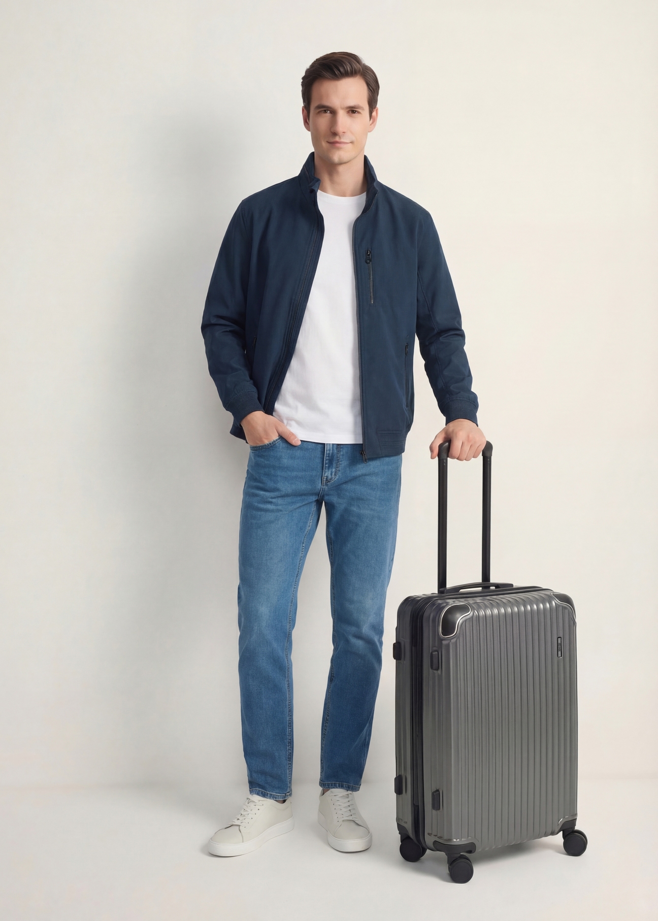 Medium suitcase on wheels WALAB-0073-9C-24(W26), diagonal view of the product next to the model's silhouette.