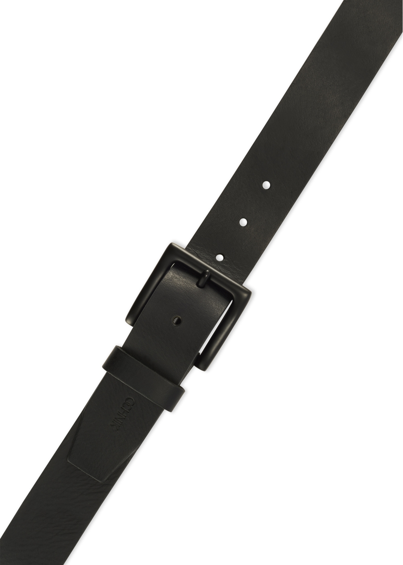Black men's leather belt PASMS-0271-99(Z25), close-up of the product buckle, view on a white background.
