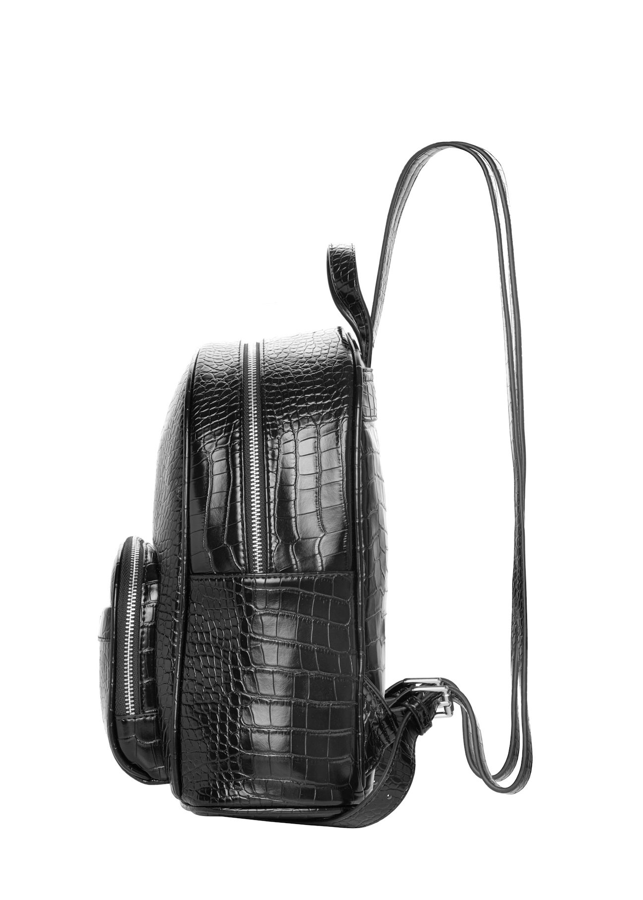 Black croco women's backpack TOREC-1263-9G(Z26), side product view on a light background.
