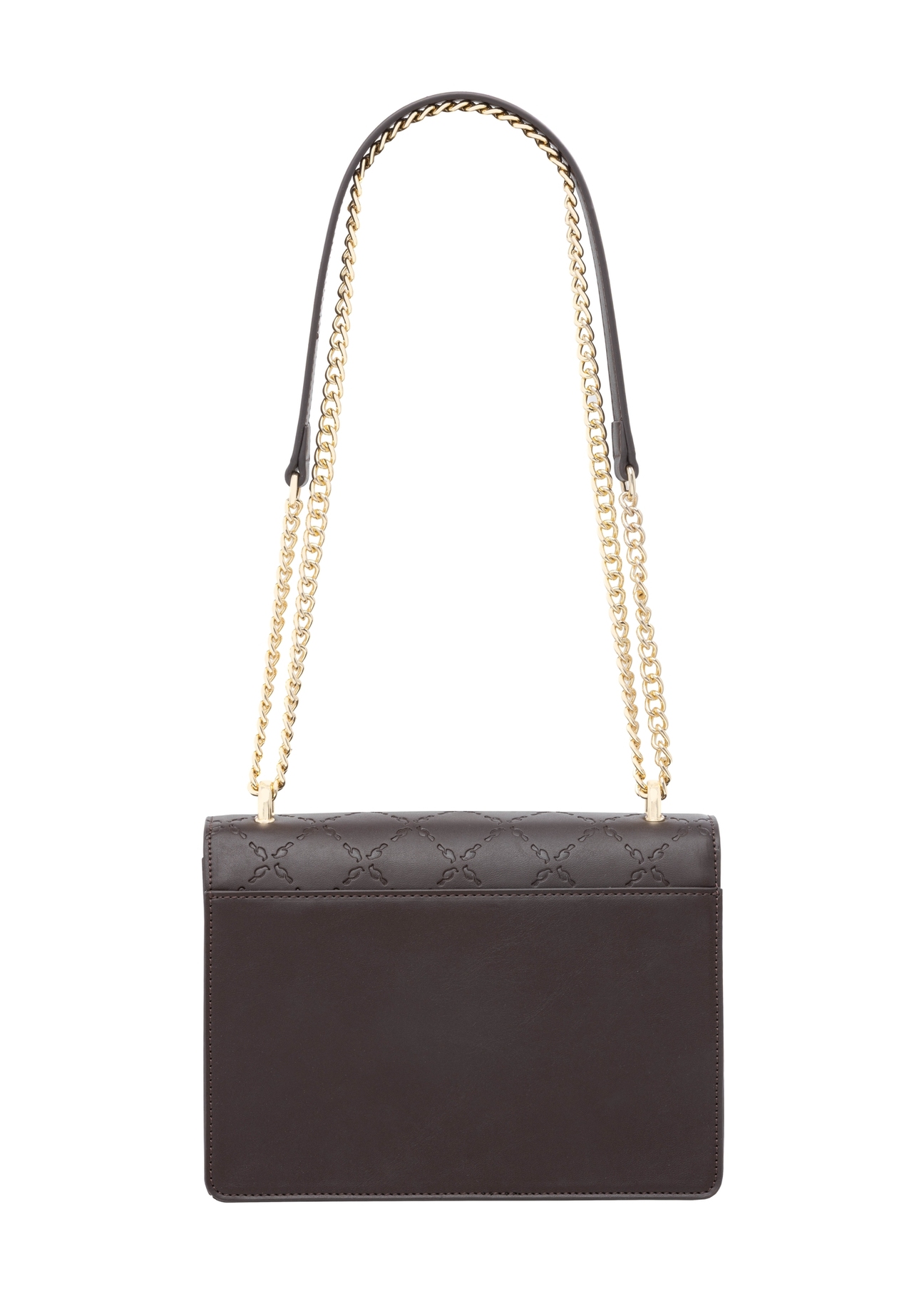 Brown women's handbag with monogram TOREC-1155-1I(Z26), product view from the back on a white background.