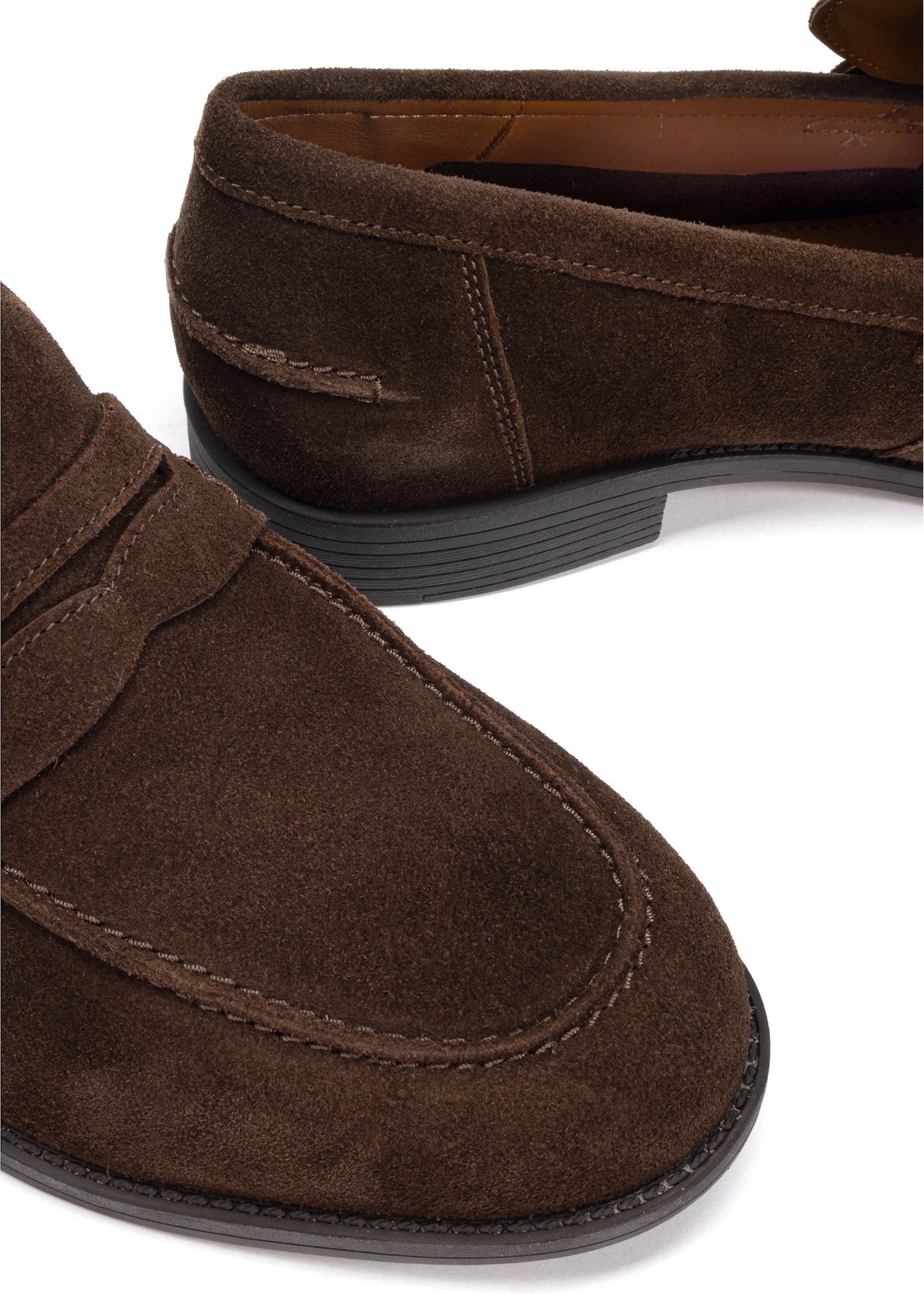 Dark brown men's leather moccasins BUTYM-0482-1H(W26), close-up of the product detail on a white background.