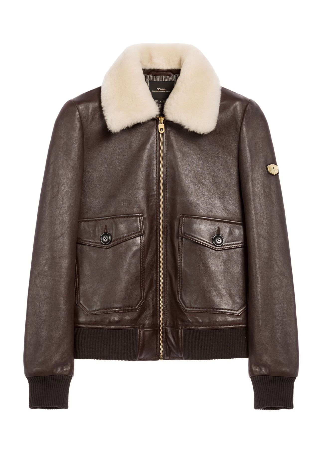 Brown leather jacket with collar KURDS-0505-1H(Z26) - front product view on white background.