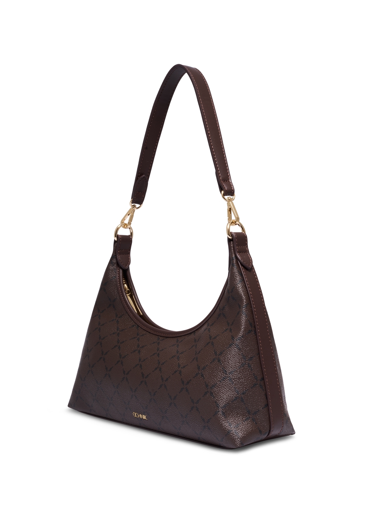 Brown women's handbag with monogram TOREC-1301-1P(Z26), diagonal product view on a white background.