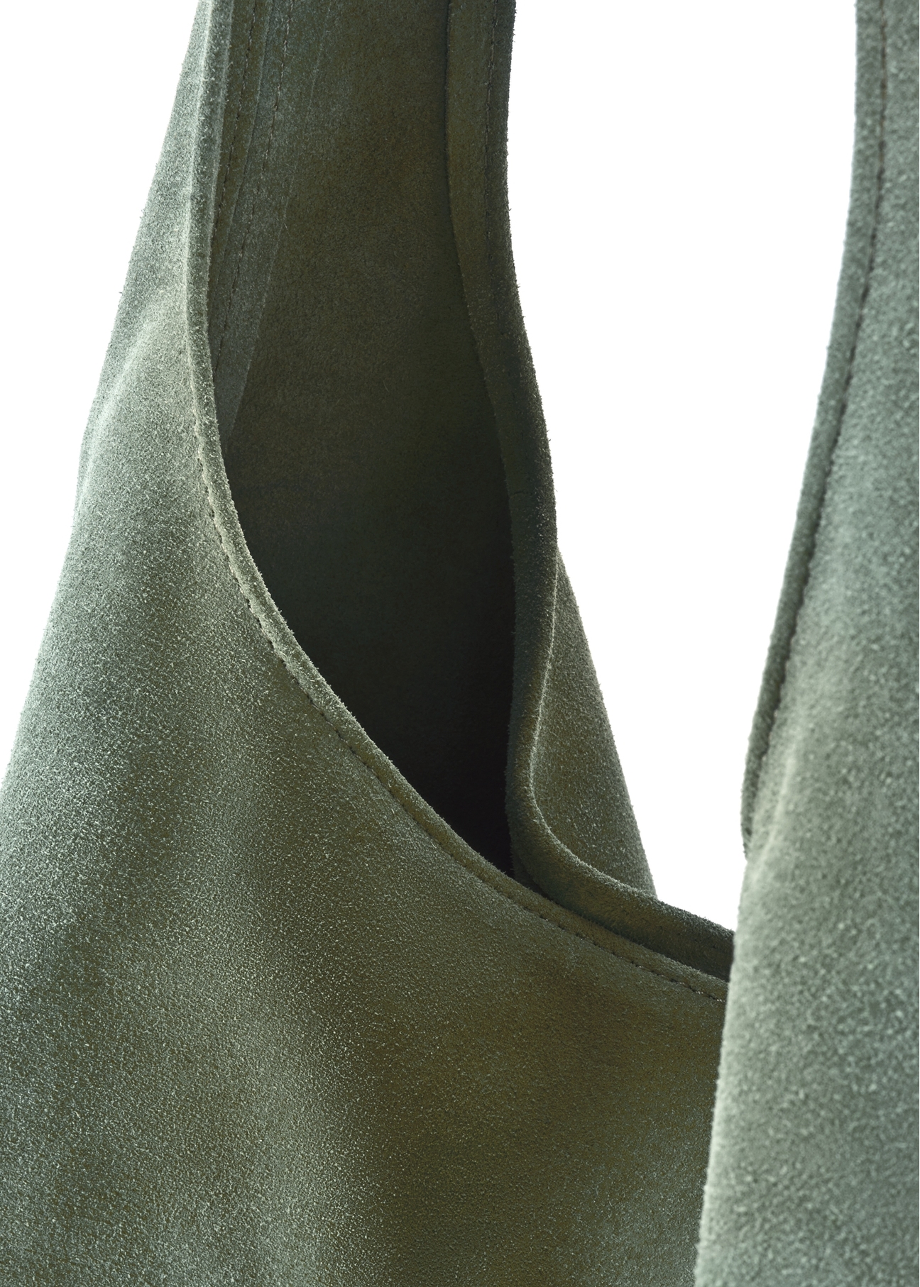 Sage suede women's shopper bag TORES-1177-8F(W26), close-up of product detail on white background.