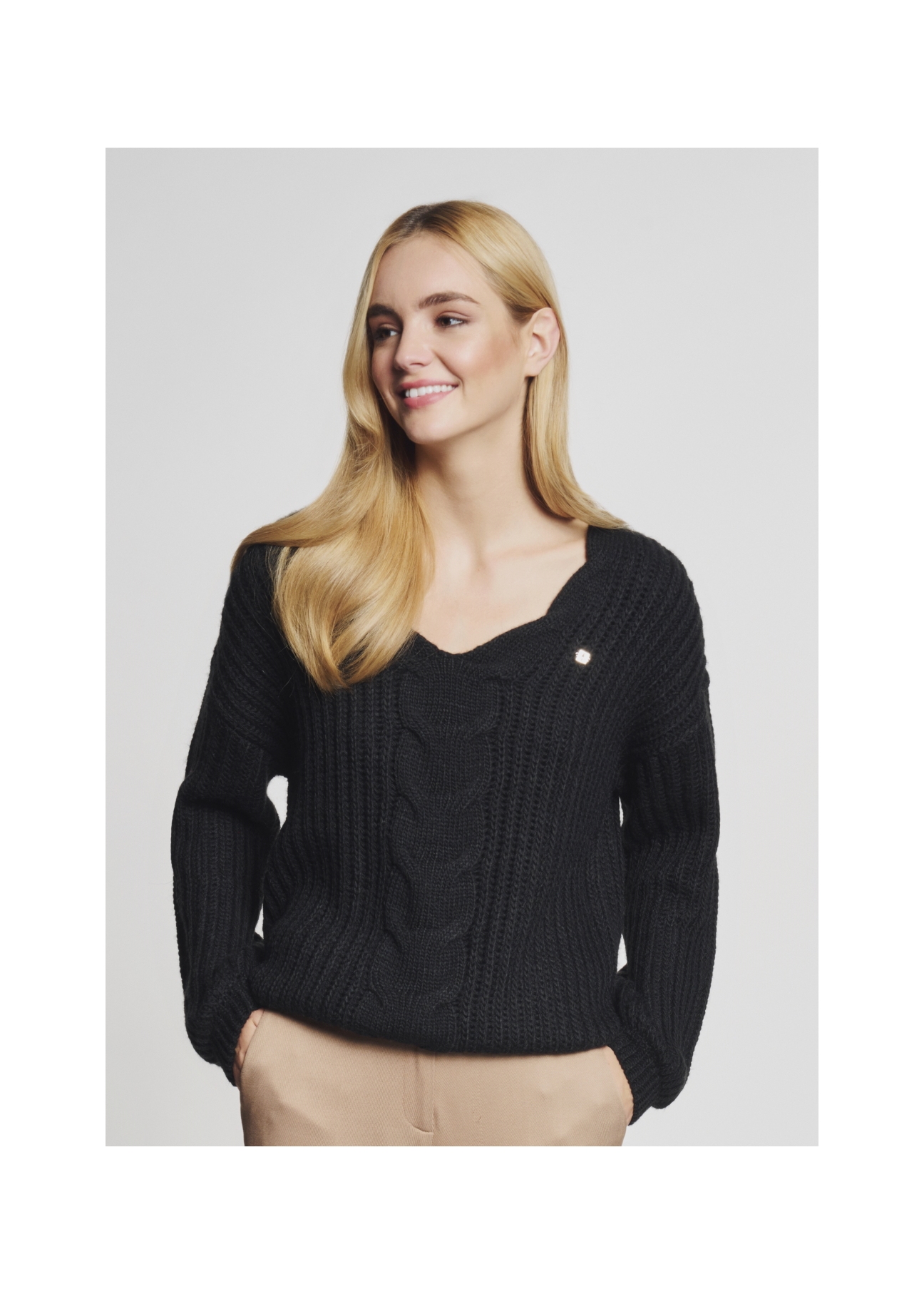 Women's V neck sweater SWEDT-0144-99(Z21)-01