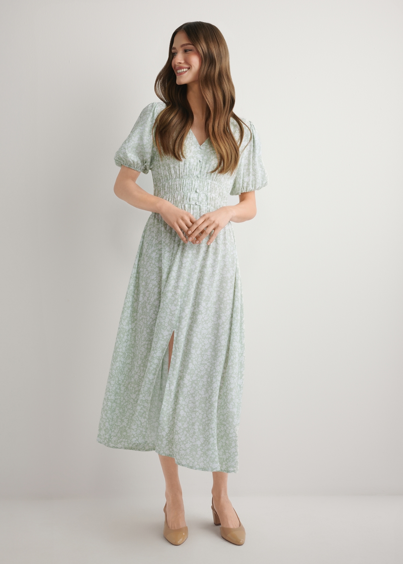 Sage floral long dress SUKDT-0191-8P(W26), front view of the product on the model. Full body visible.