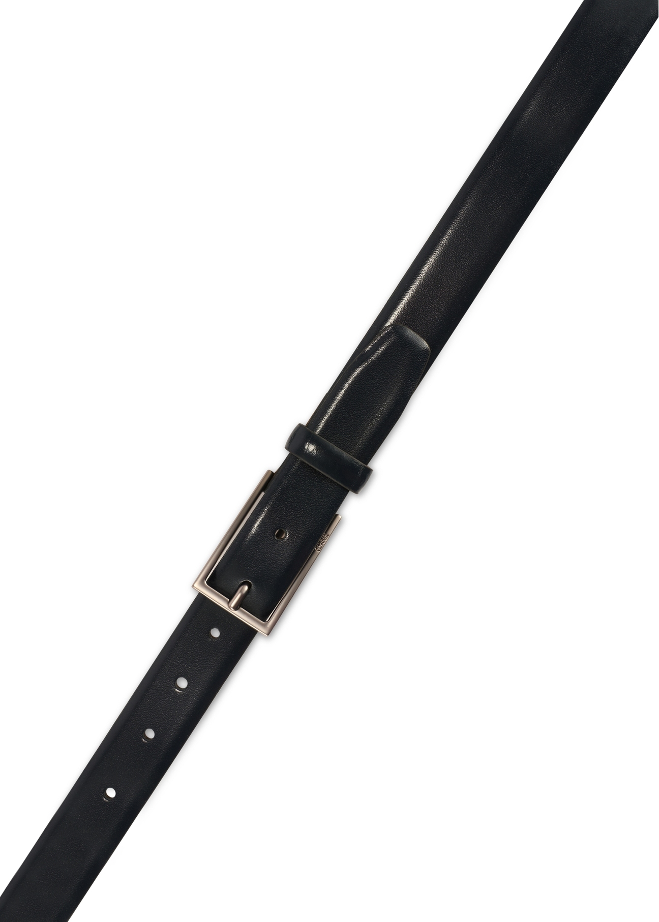 Navy blue men's leather belt PASMS-0256-69(Z25), view of the buckle of the product on a white background.