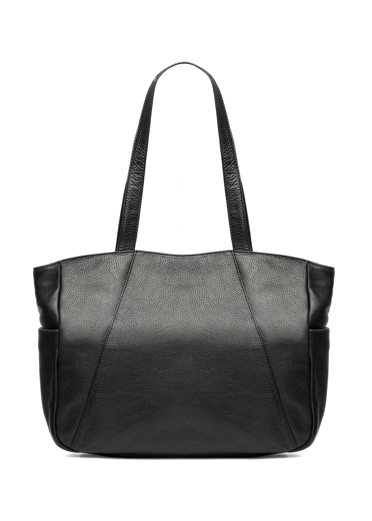 Black leather women's shopper bag TORES-1255-99(W26) - product view from the back, on a white background.