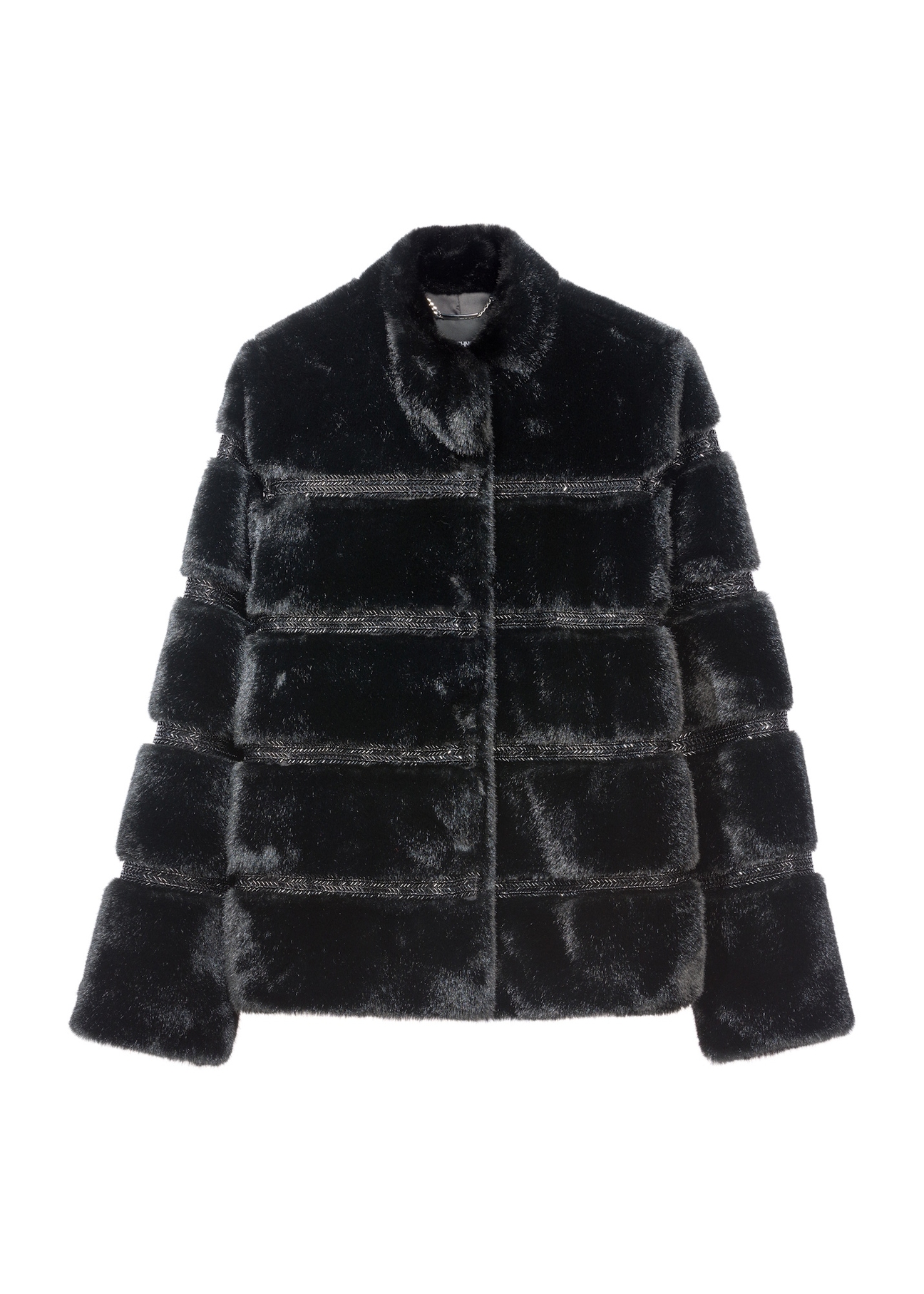Women's black fur coat with applications FUTDP-0067-99(Z25) - front product view on white background.