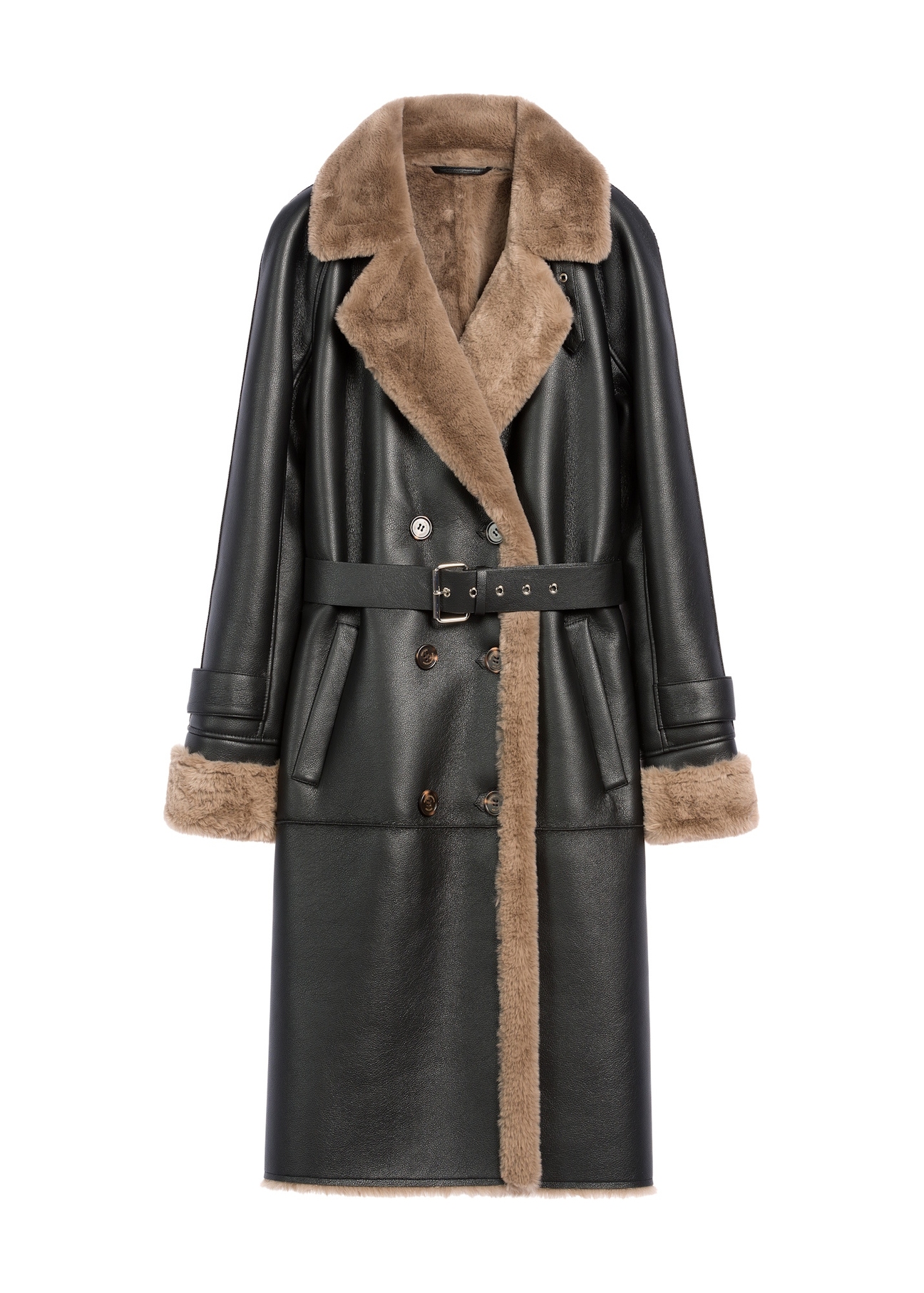 Black long women's sheepskin coat KOZDP-0012-99(Z25) - front product view on a white background.