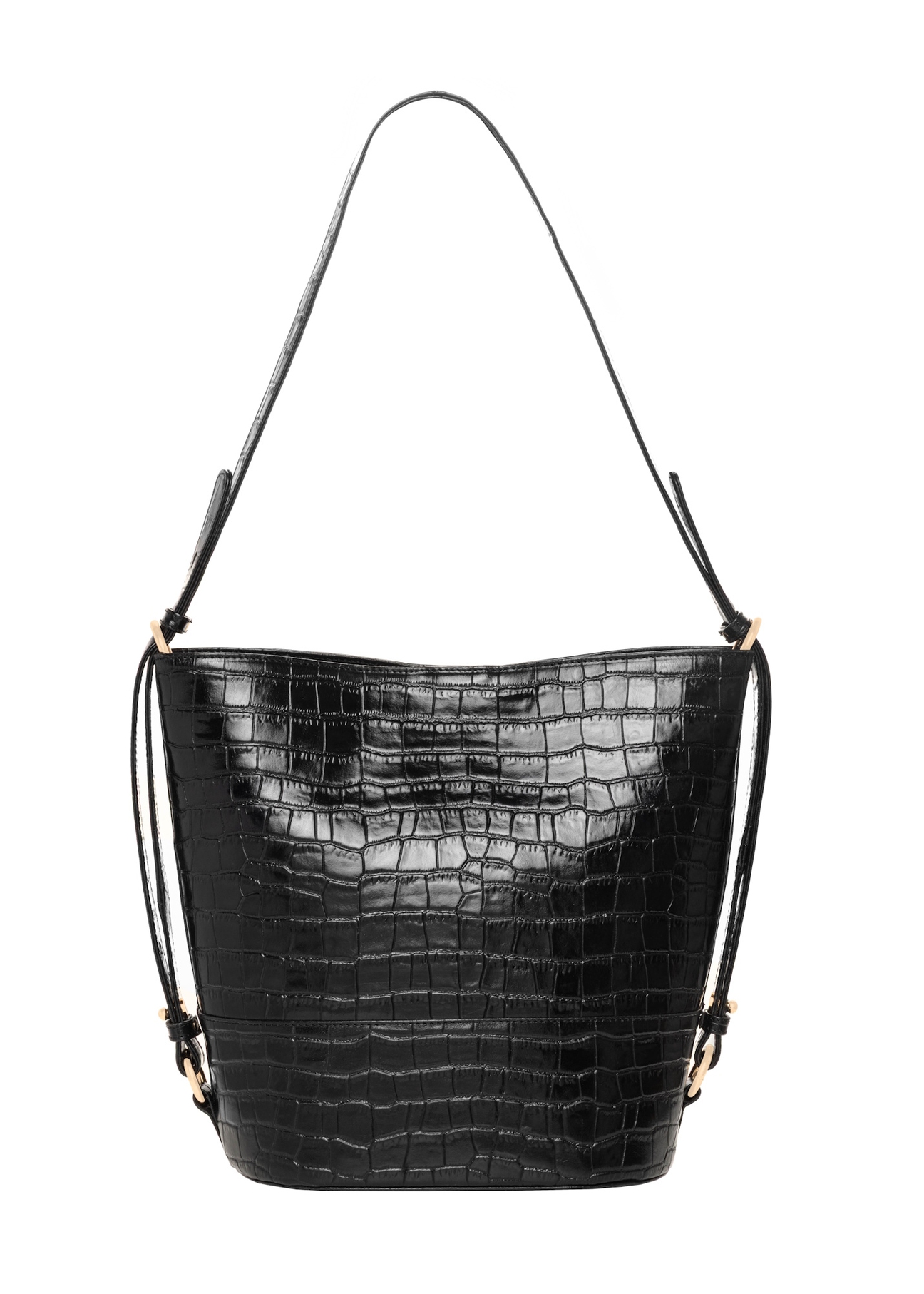 Black leather handbag with a crocodile-skin effect, model TORES-1417-9G(Z26); rear view of the product on a white background.