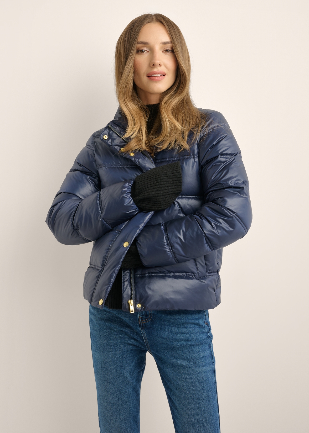 Navy blue women's jacket with stand-up collar KURDT-0669-7E(Z26)