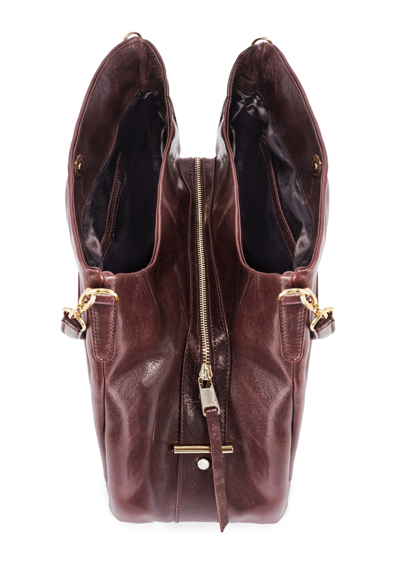 Brown leather women's shopper handbag TORES-0636D-89(Z25), view of the product compartments, view on a white background.