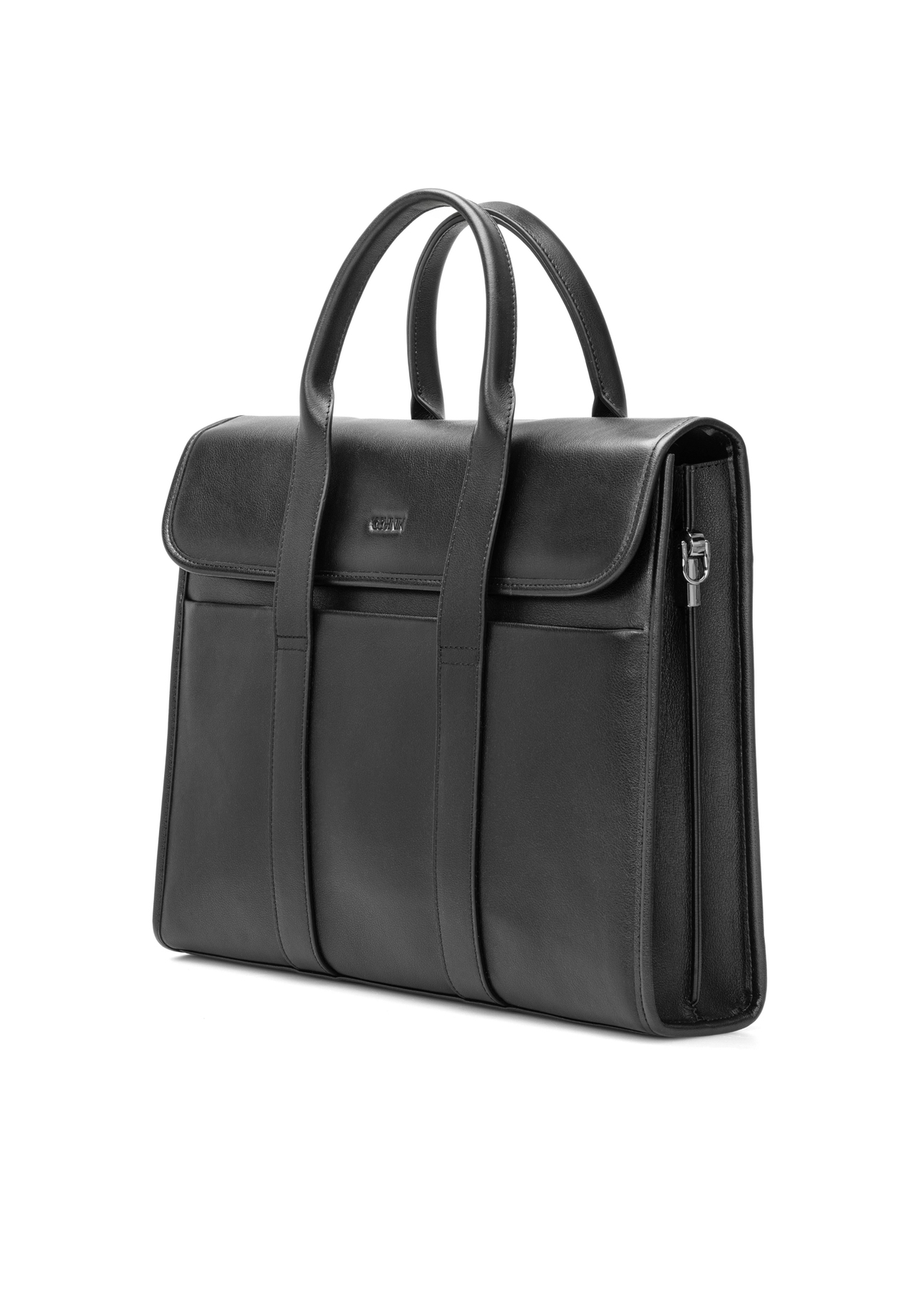 Black leather men's briefcase TORMS-0508-99(W26), diagonal product view on white background.
