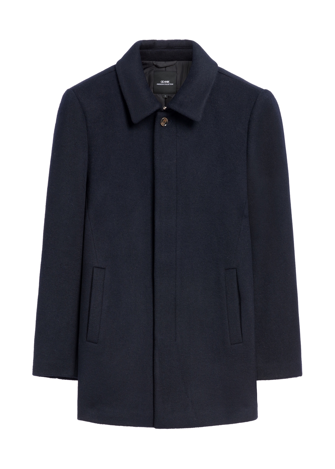 Men's navy blue wool coat PLAMT-0011-7D(Z26), front product view on white background.