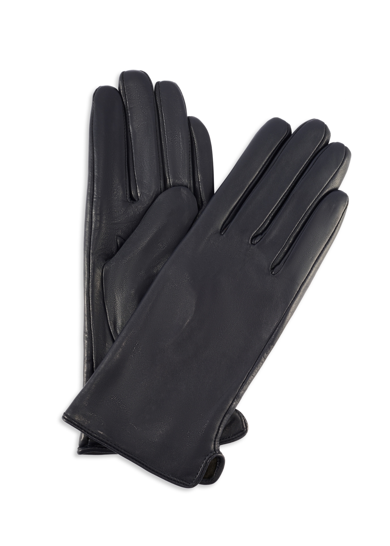 Navy blue women's leather gloves REKDS-0001A-69(Z25), product view from the front and back on a white background.