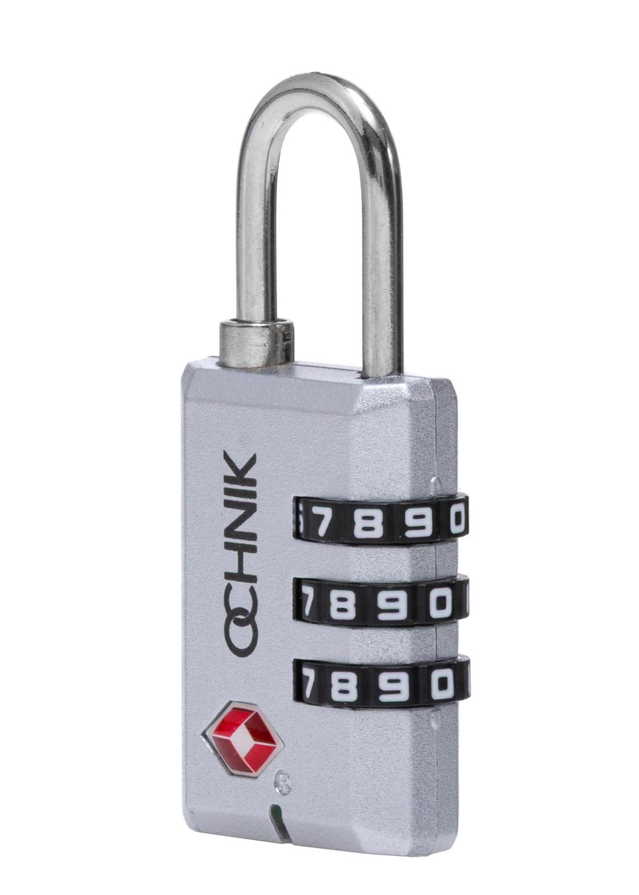 Silver TSA combination padlock AW-015-0002-92(W25), diagonal product view on white background.
