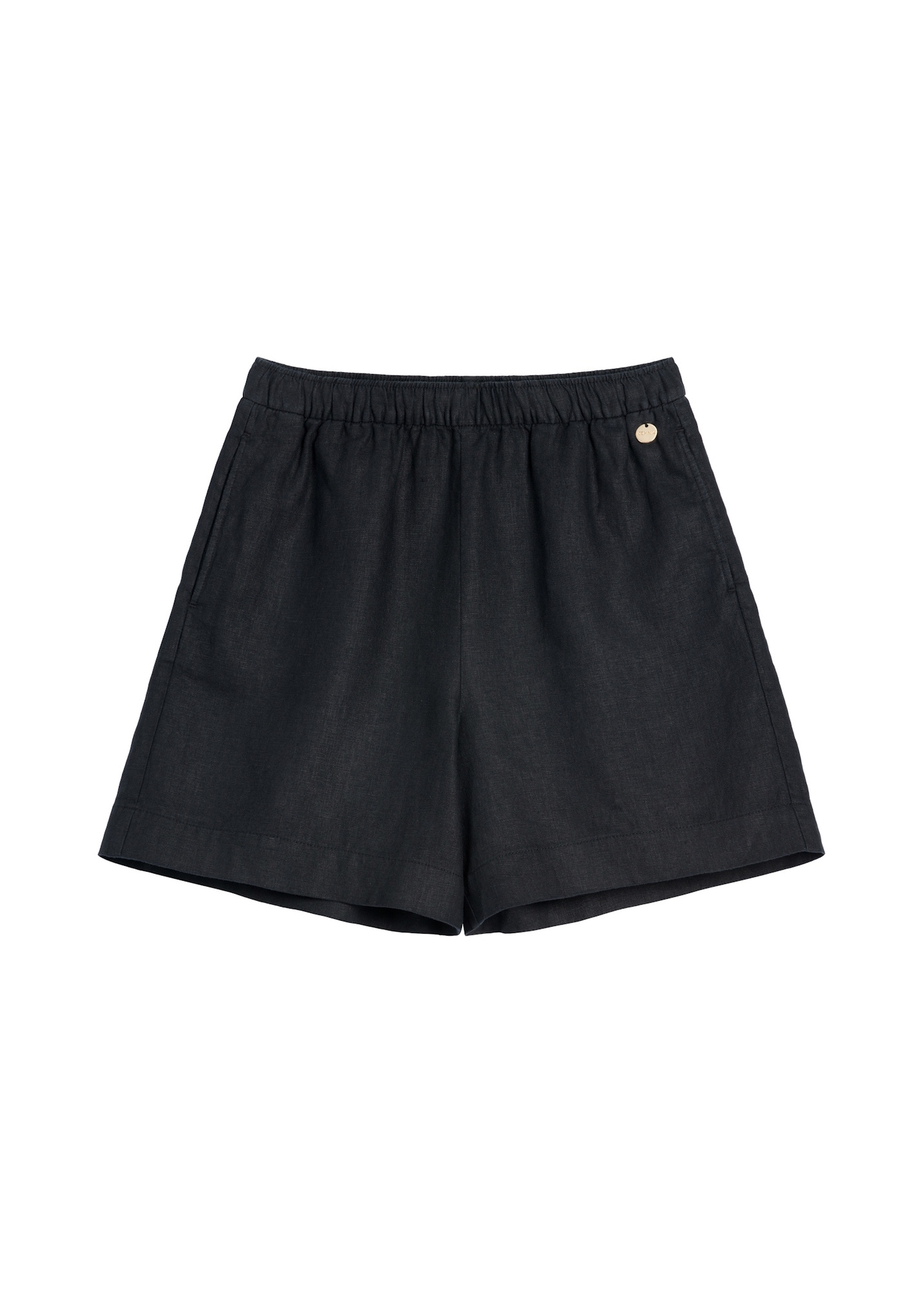 Women's linen shorts in black SZODT-0019-99(W26), front product view on a white background.