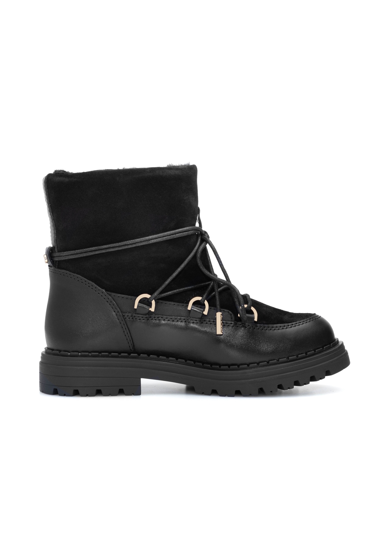 Women's black suede snow boots BUTYD-1201-99(Z25), side view of the product on a white background.