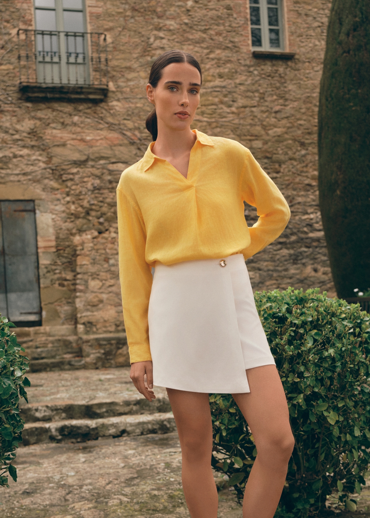 Yellow linen women's blouse BLUDT-0187-21(W25)