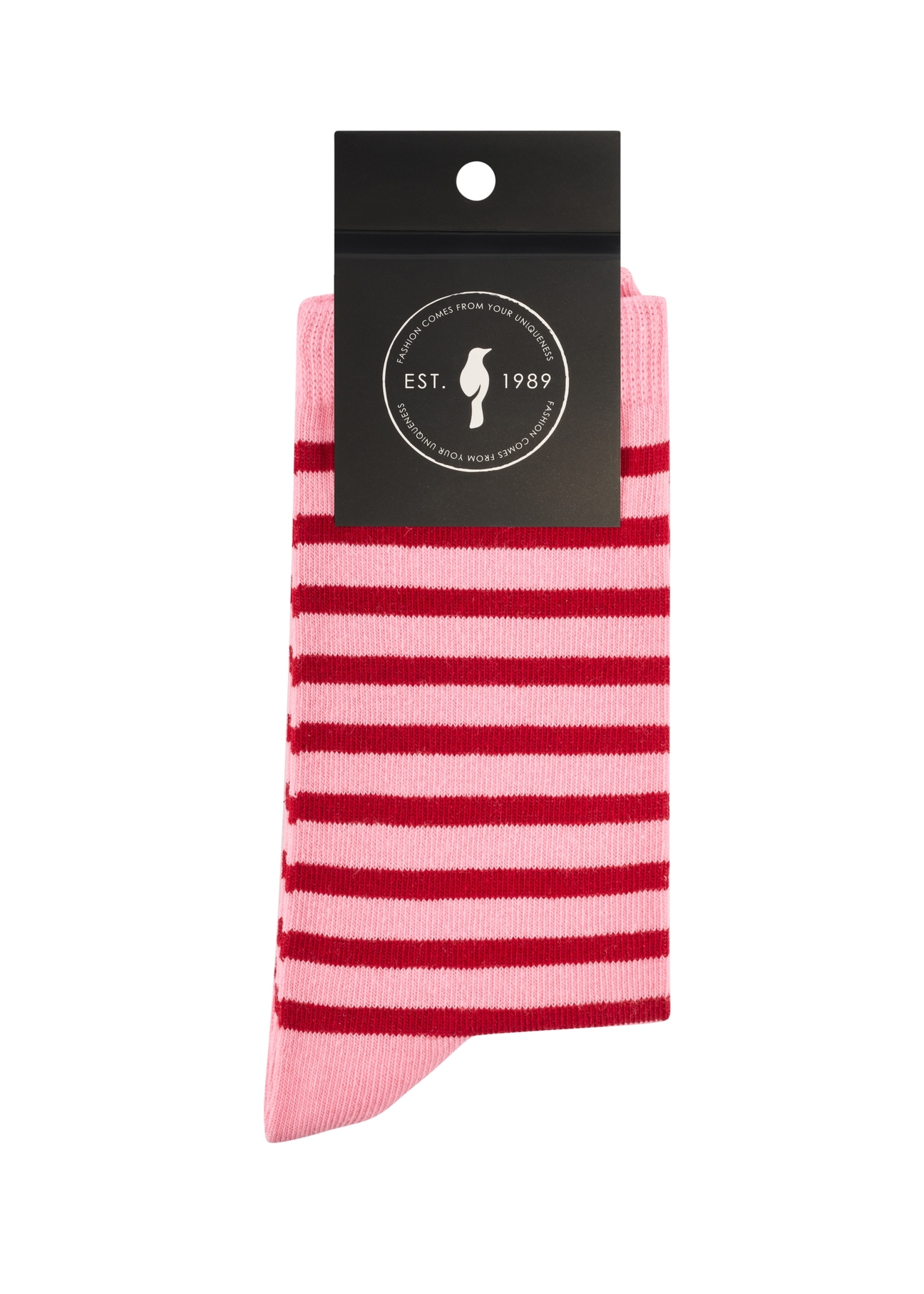 Women's striped socks SKADT-0075-5B(W26), side view of the product in the packaging on a white background.