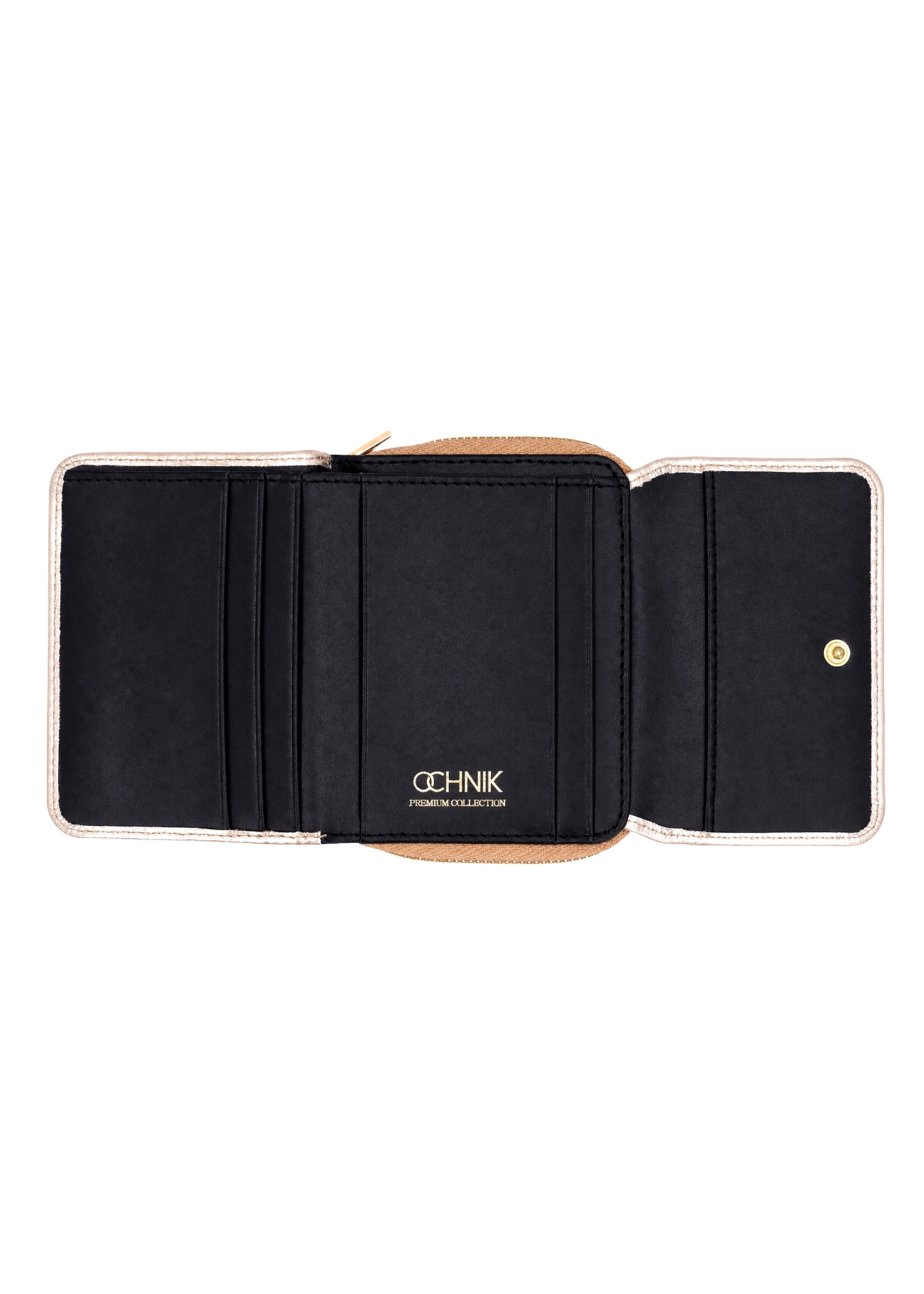Small women's leather wallet in gold color PORES-1026-2X(Z26), product view inside on white background.