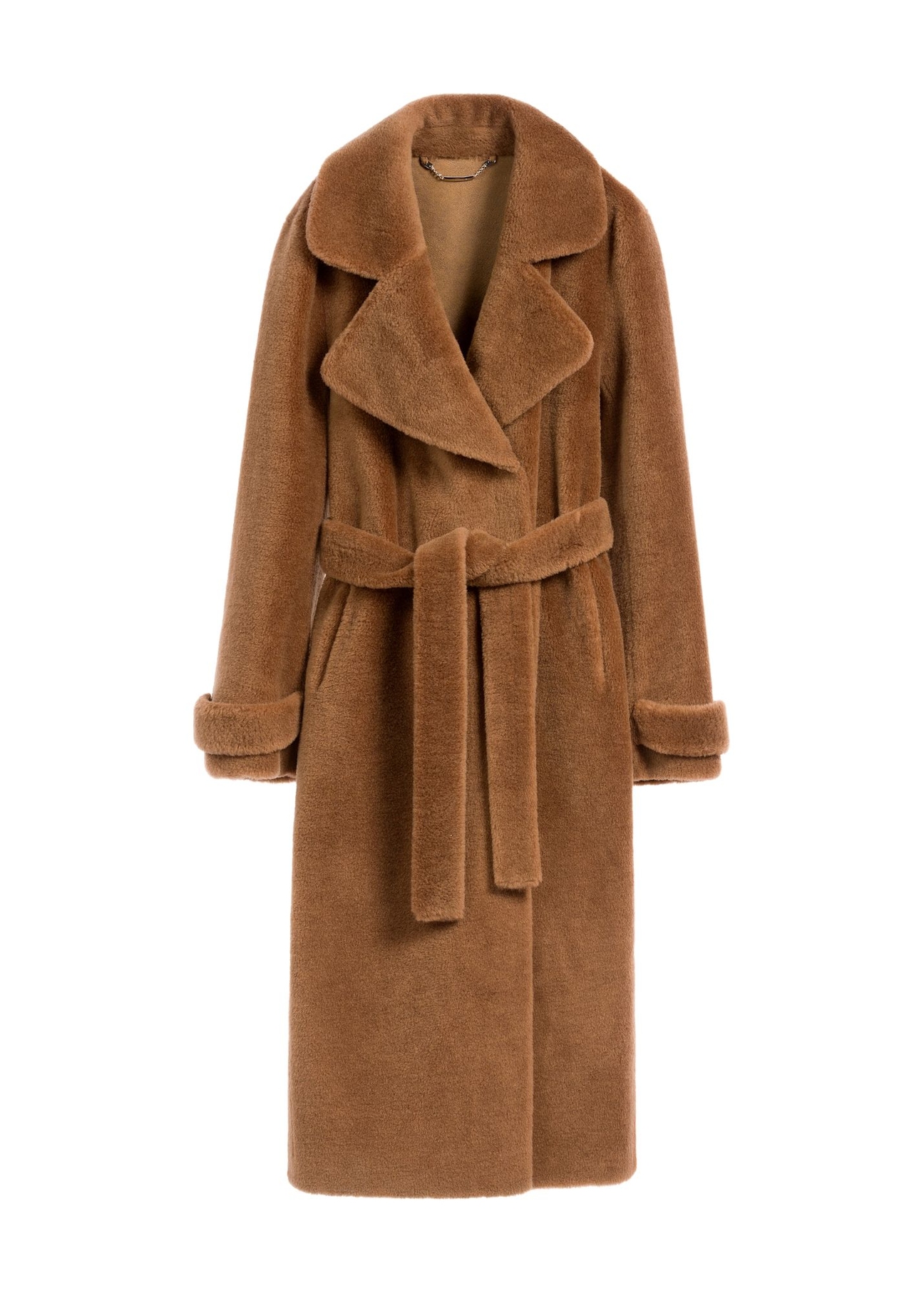 Long woolen fur coat in camel color FUTDW-0019A-1D(Z26) , product view from the front on a white background.