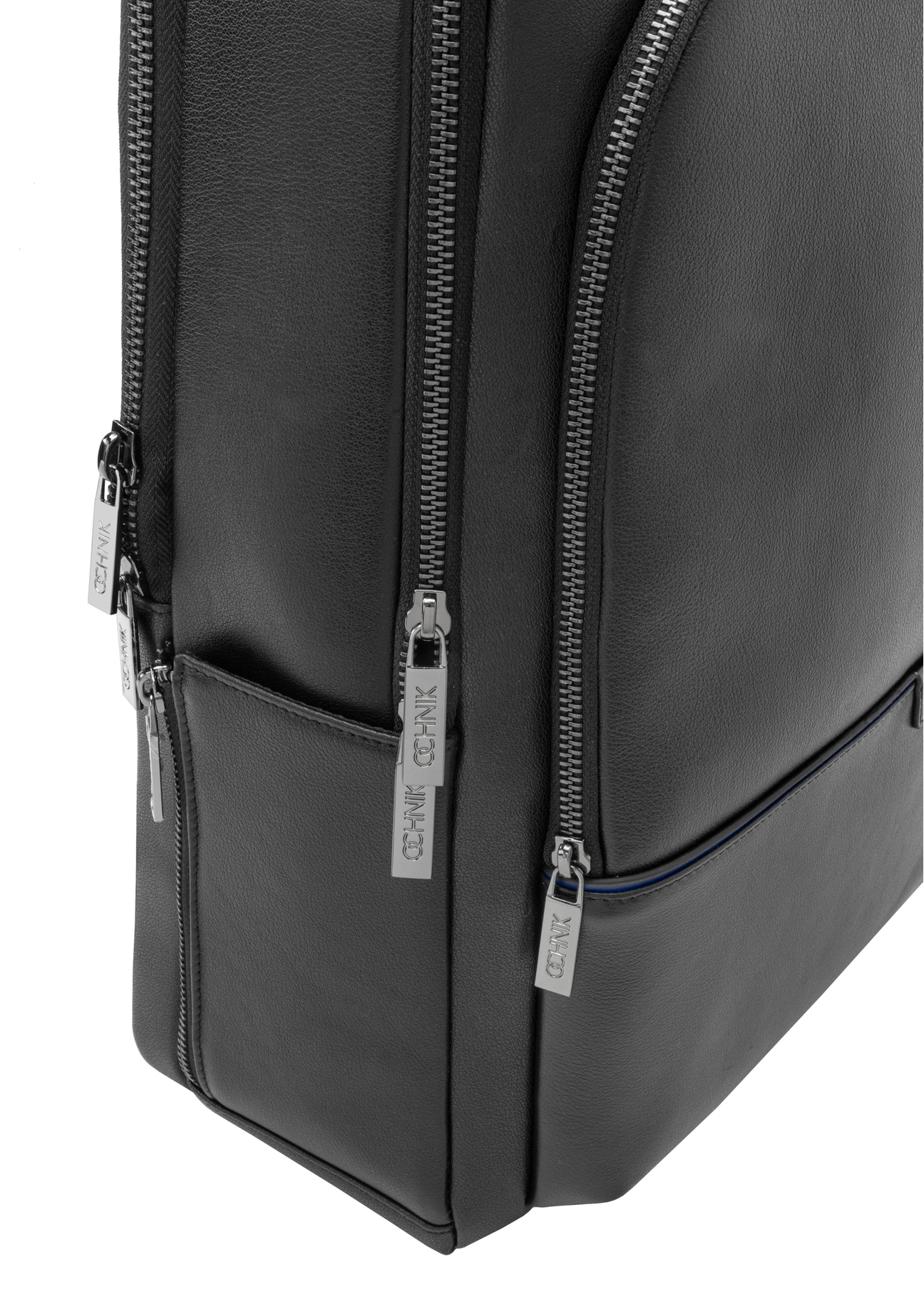 Men's black leather backpack PLCMS-0024-99(W26) - close-up detail, on white background.