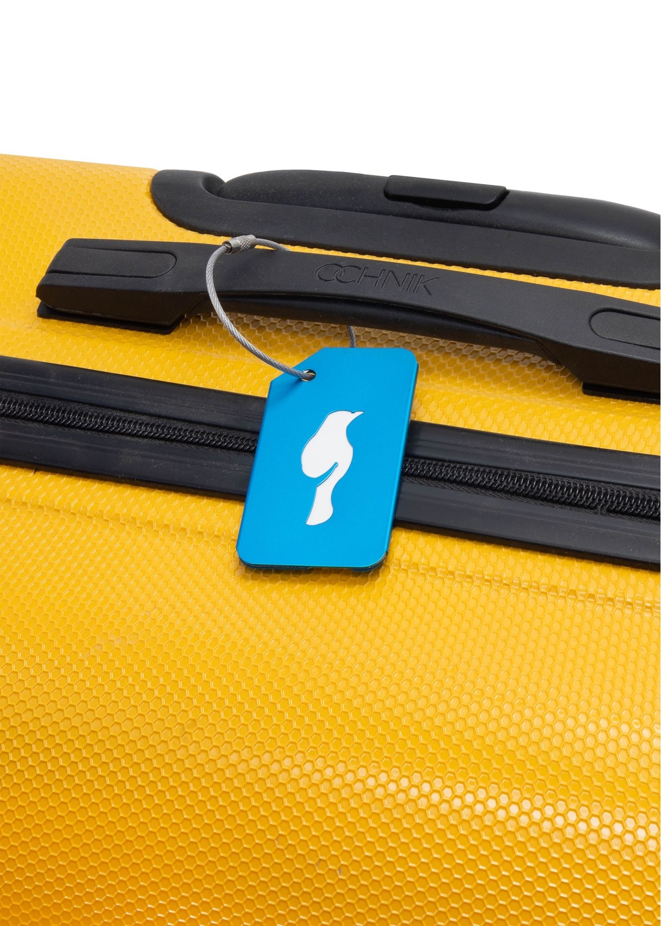 Blue luggage tag AW-012-0003-7B(W26), product view on a suitcase on a white background.