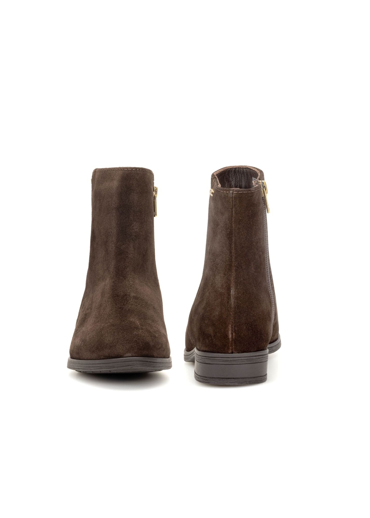 Dark brown suede women's ankle boots BUTYD-1193-1I(Z26), product view from the front and back on a white background.