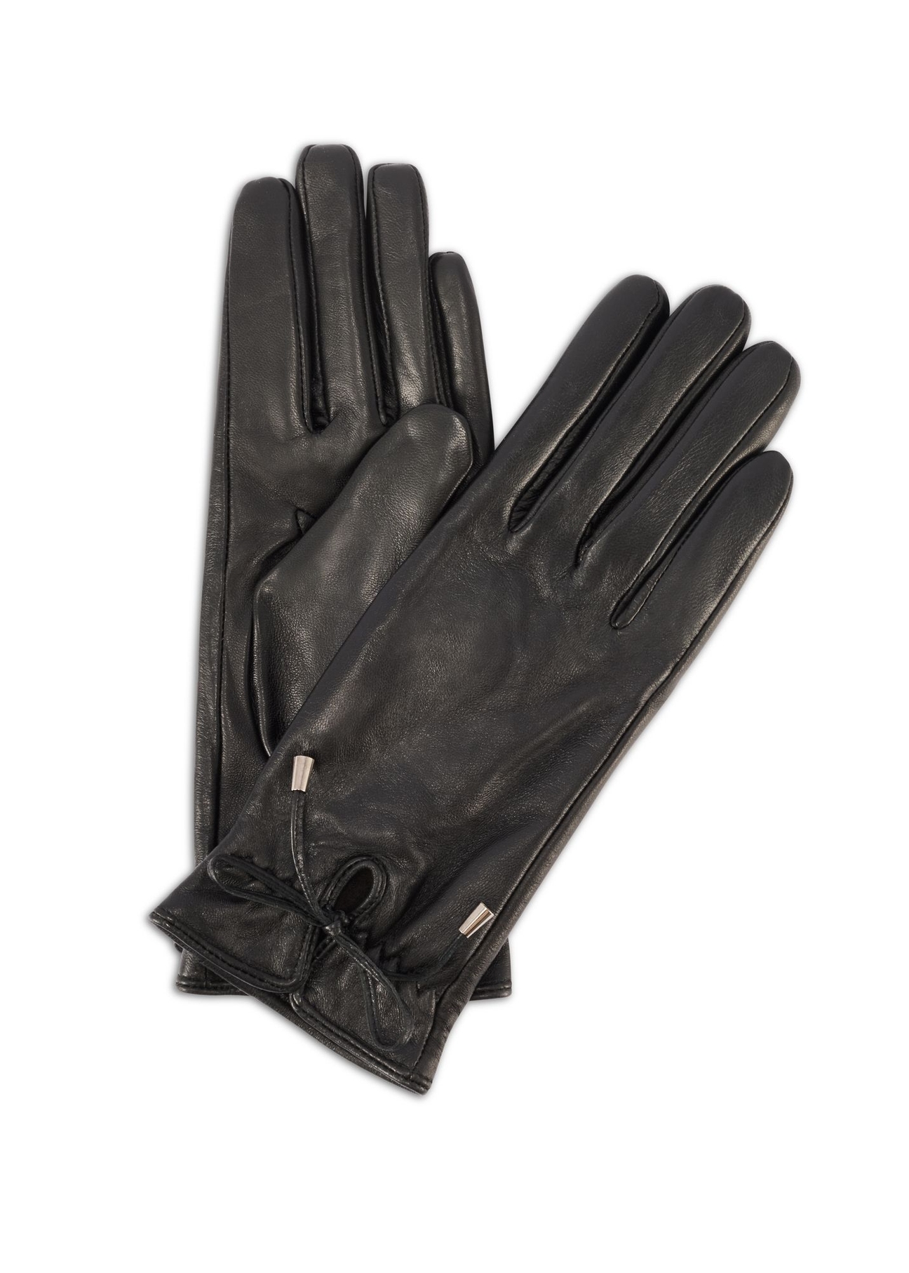 Women's leather gloves with ties REKDS-0021A-99(Z25), product view from the front and back on a white background.