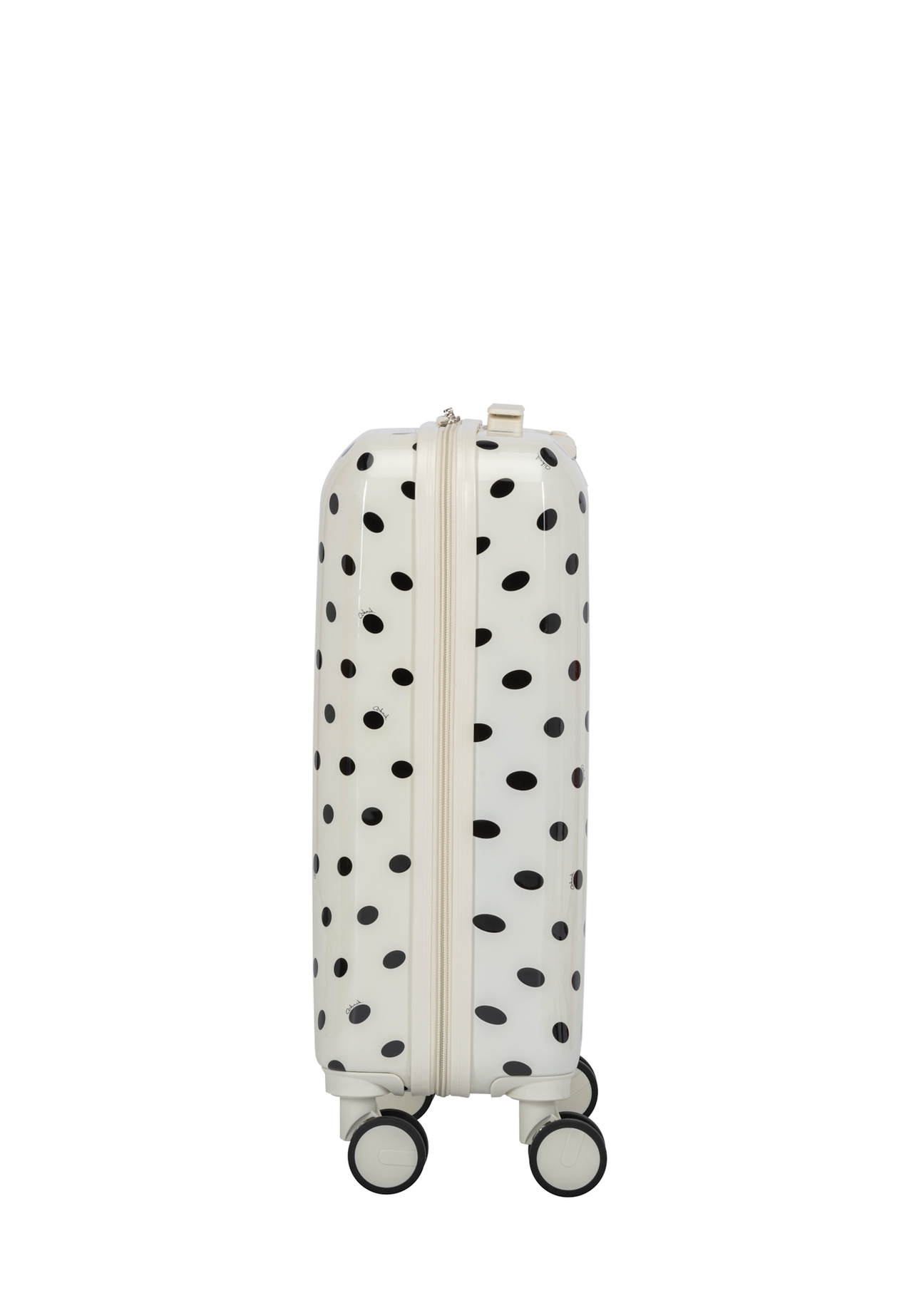 Small polka dot suitcase on wheels WALAB-0074-0P-19(W26), side view of the product on a white background.