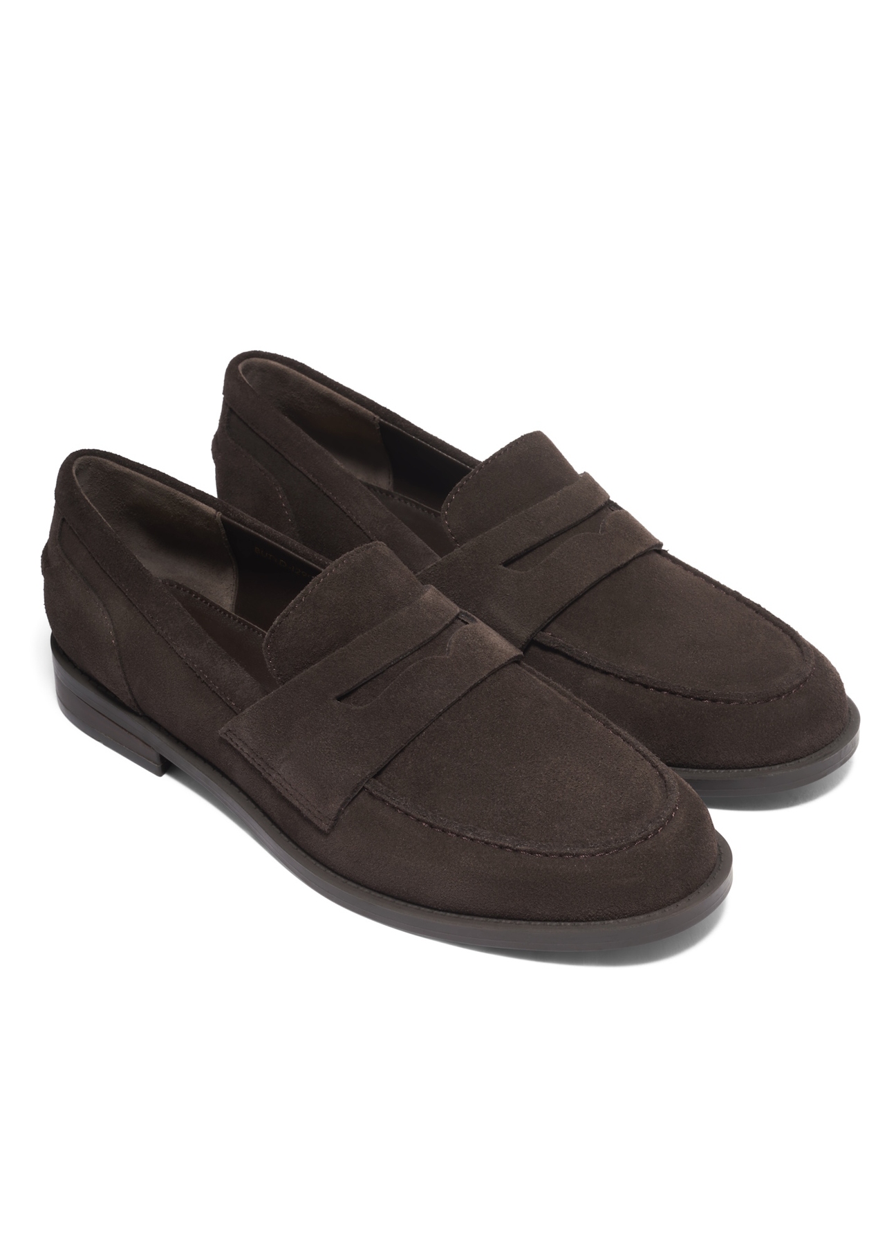 Women's suede moccasins in dark brown color BUTYD-1299-1I(Z26), diagonal product view on a white background.