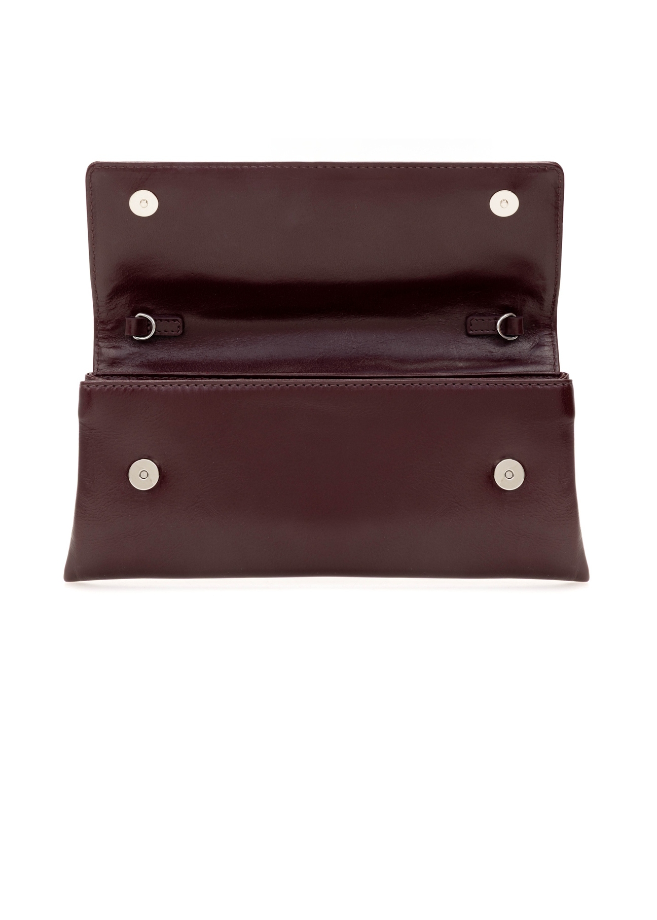 Burgundy small leather clutch bag TORES-1188-49(Z25), product view with open flap on white background.