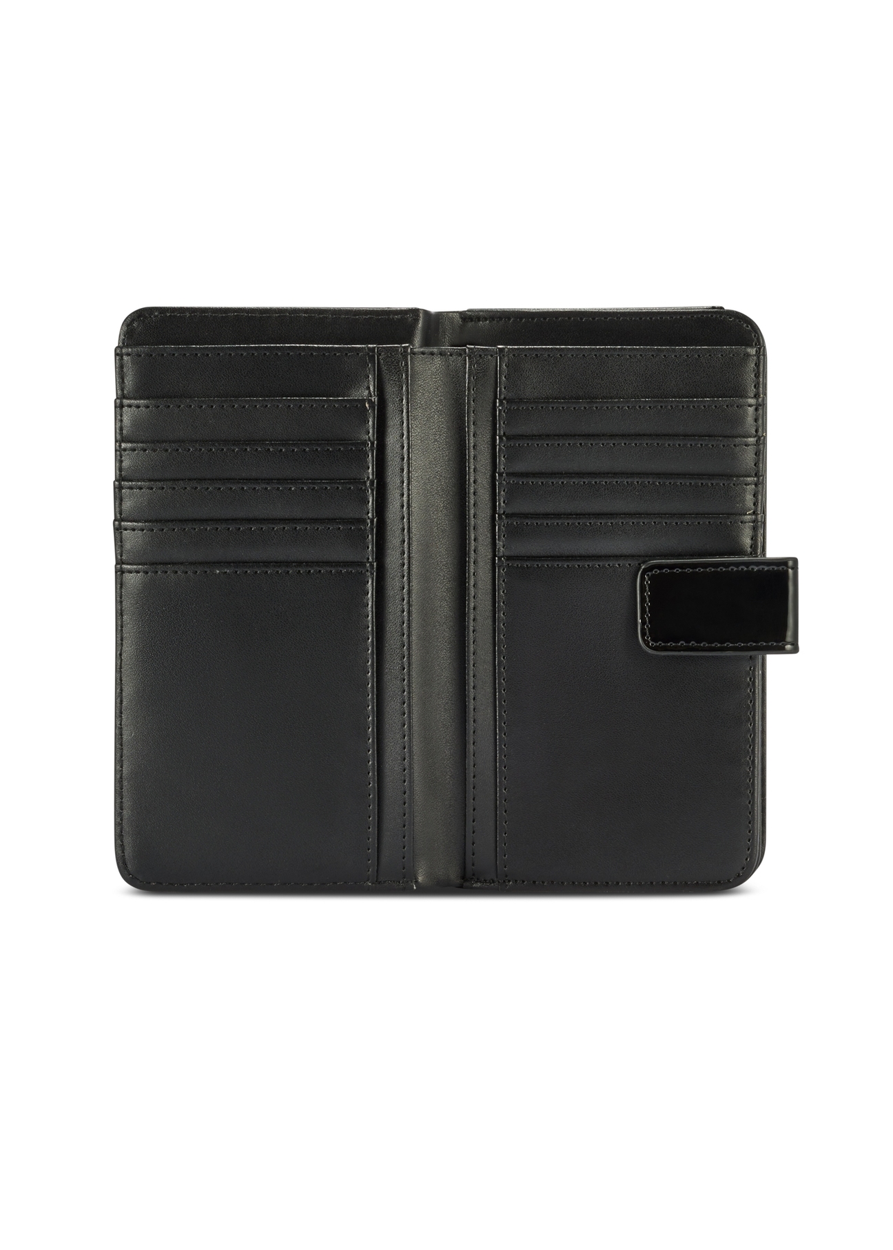 Black women's wallet with monogram POREC-0420-98(Z25) - open top view on white background.