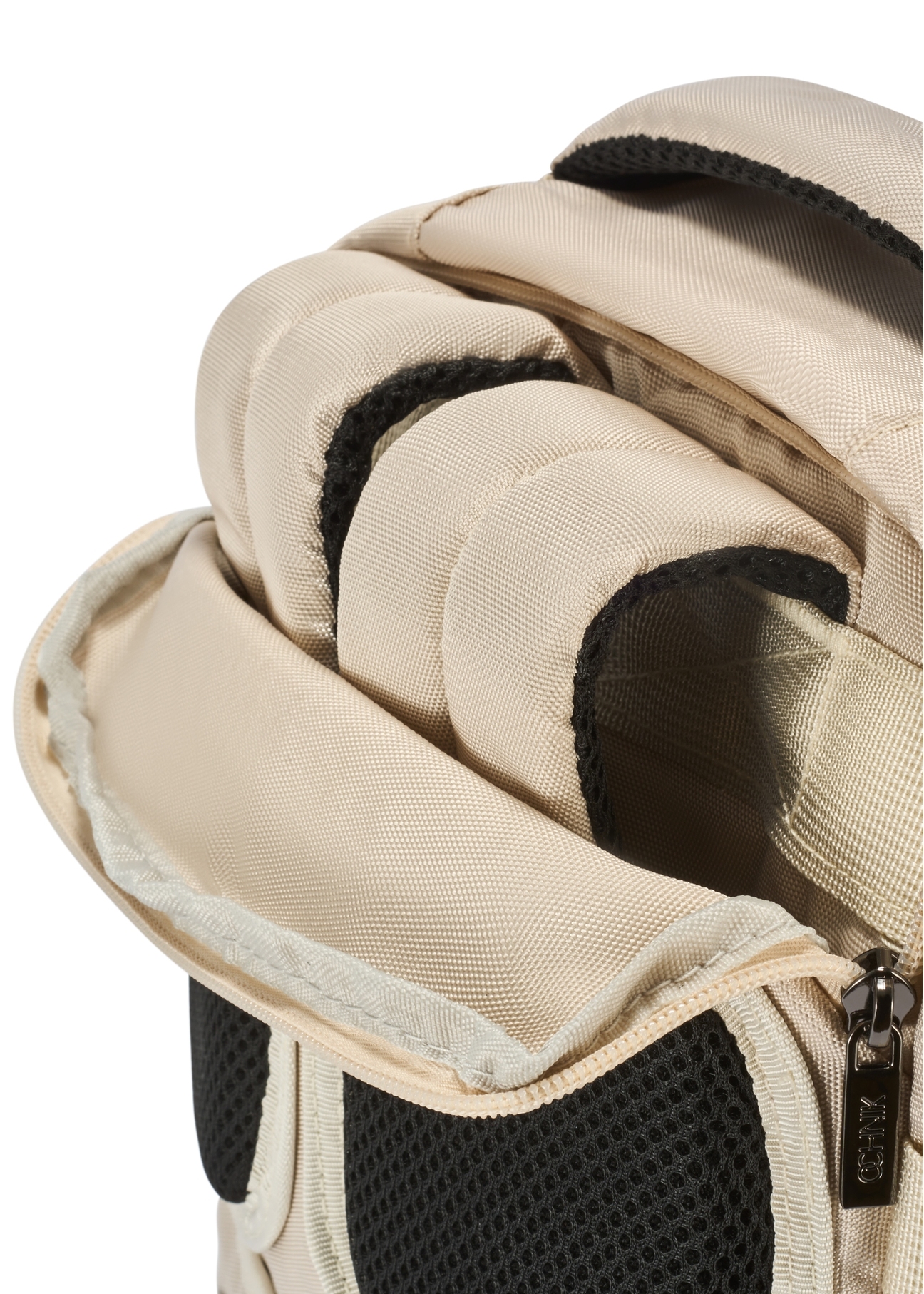 Beige airplane backpack PLCMN-0017-16(Z25), close-up of the product's back pocket, view on a white background.