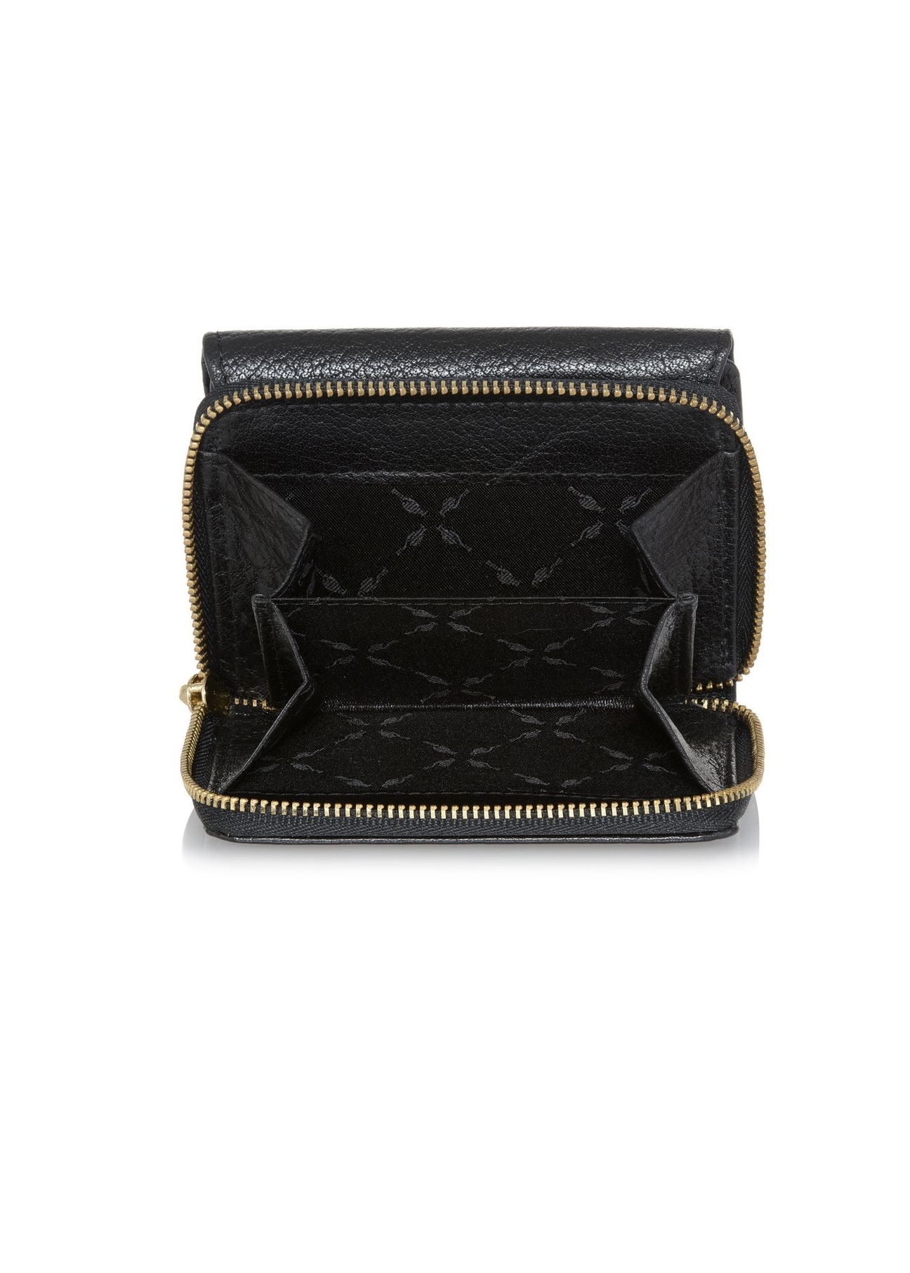 Small fold-out women's wallet black leather PORES-0816A-99(Z25), product view inside on white background.
