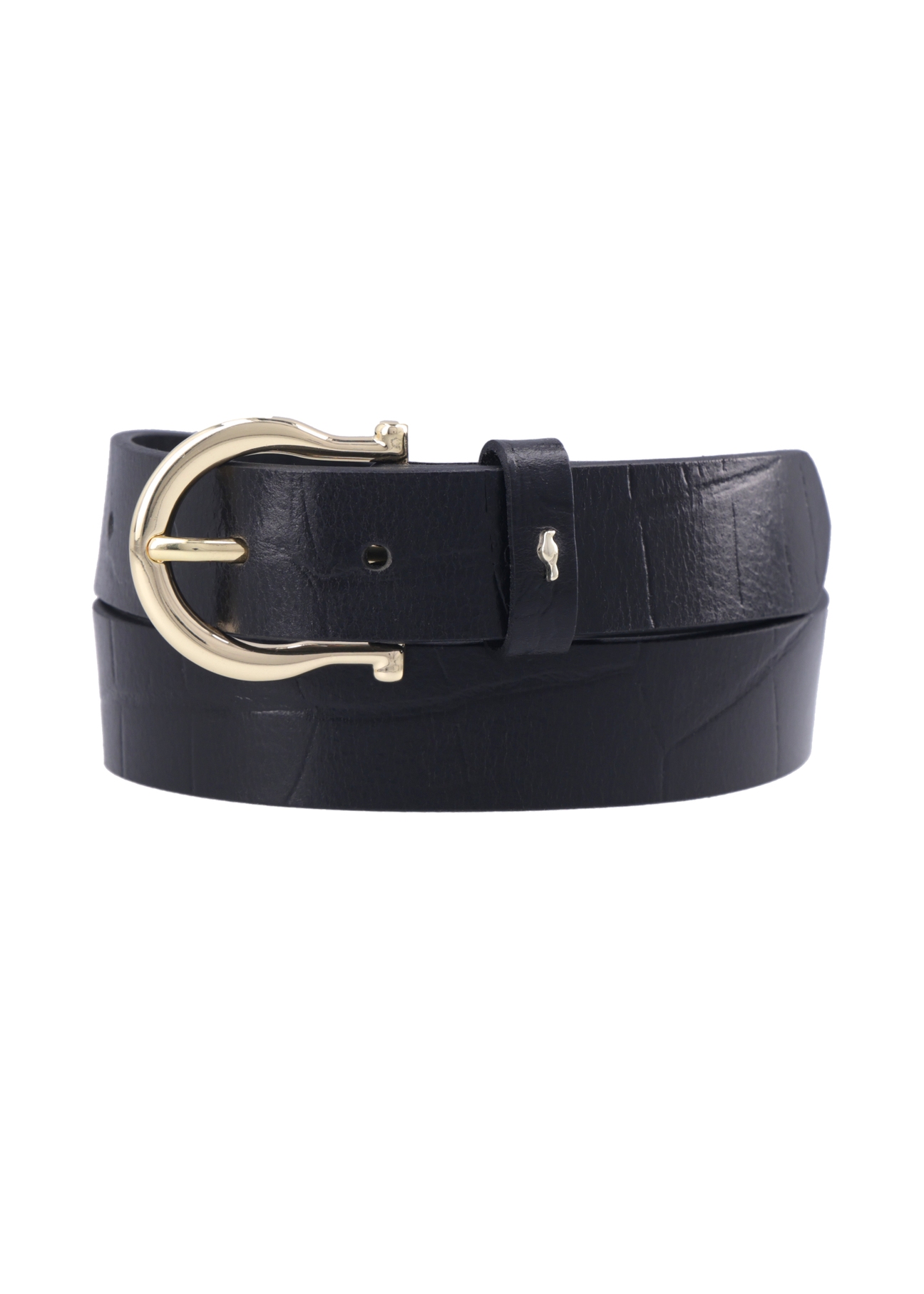 Women's black leather belt with animal motif PASDS-0274-9G(Z26), front product view on white background.