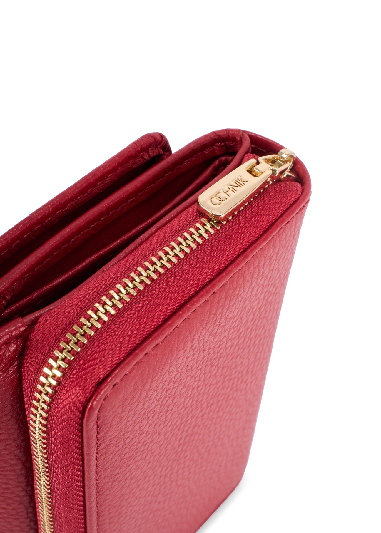 Large red leather women's wallet PORES-0801R-4B(W26), close-up of the product detail on a white background.